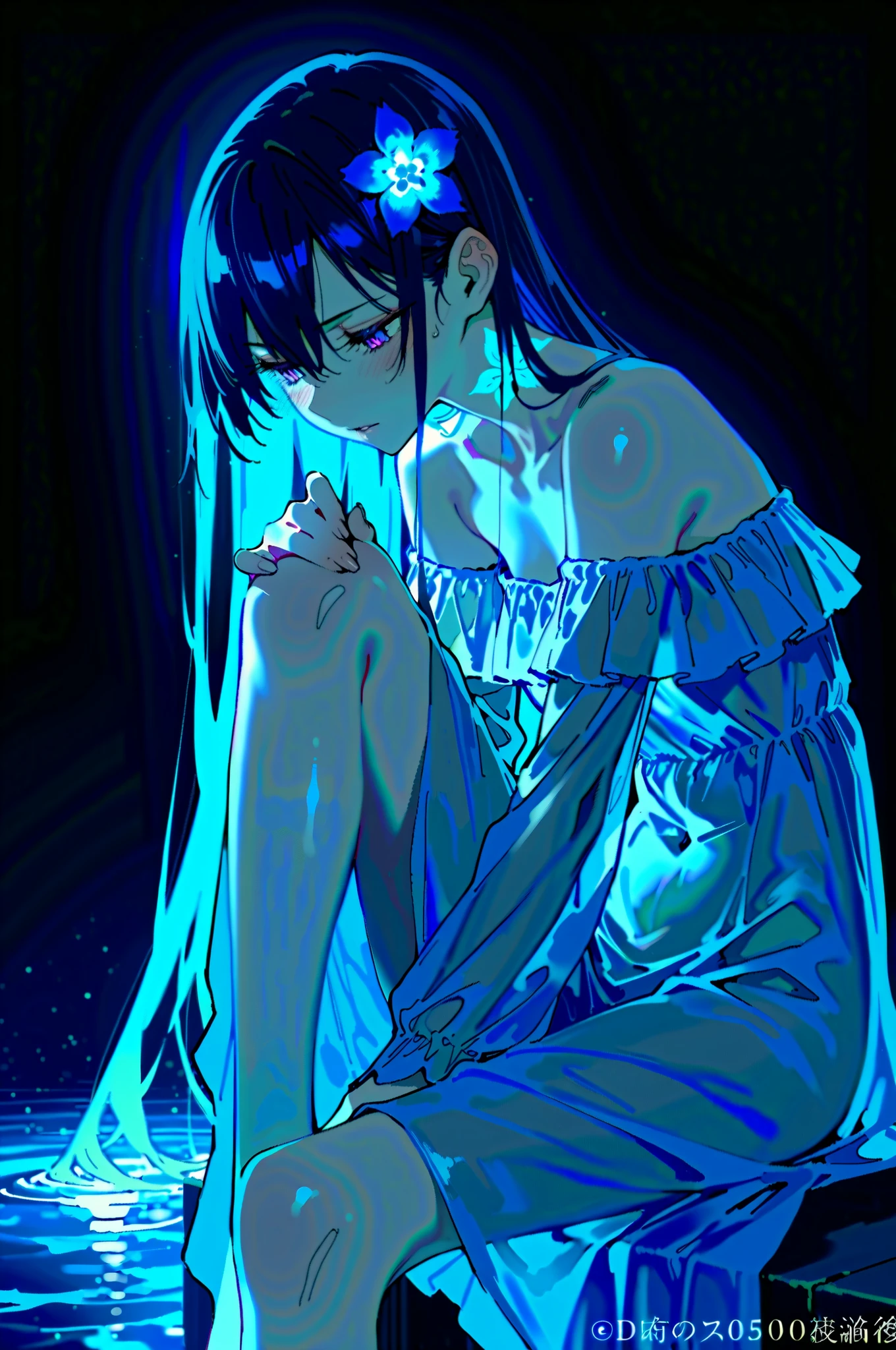 Masterpiece, best quality, amazing quality, newest, very aesthetic, absurdres, (scenery:1.4), 8k, good anatomy, good shading, ultra detailed, refined details, high resolution, HD, masterwork, G0zeNA_illu,abstract,surreal, XUER guangying,748cmstyle.
(shinkai makoto:0.75), (mazjojo:0.83), (artist:pigeon666:0.67), (artist:zawar379:0.77), (artist:remsrar:0.65), (artist:yoneyama mai:0.74), (chimmyming:0.72), (konya karasue:0.55), (remsrar:0.65), nub1mo, (Yomu:0.3),(dino_(dinoartforame):0.5),(quasarcake:0.4),(wlop:0.3), (ebifurya:0.52), (as109:0.82), (krekkov:0.68), (mossacannibalis:0.56), (tianliang duohe fangdongye:0.8), (z-ton:1.04), (photorealistic:1.2), (illustration:1.3), high resolution, sharp focus, soft lighting, aged up, 1girl, long hair, blue eyes, blue hair, off shoulder, black hair, bare shoulders, sidelocks, very long hair, blush, half-closed eyes, hair flower, expressionless, hair between eyes, glowing hair, straight hair, parted lips, looking down, purple eyes, dress, white dress, hair ornament, floral print, off-shoulder dress, see-through, frills, frilled dress, blue dress, sitting, knee up, looking at viewer, flower, water, glowing, solo, blue theme, black background, from side, simple background, feet out of frame, dark, tattoo, closed mouth, white flower, arm tattoo, blue flower, dark background, flower tattoo, light particles, (medium\), tesun \(g noh\).
Negative prompt: lowres, (bad quality,worst quality:1.2), long neck, bad anatomy,watermark, sketch,jpeg artifacts,ugly, poorly drawn,(censor),cross, loli
Steps: 25, CFG scale: 4, Sampler: DPM++ 3M SDE, Seed: 1182288780