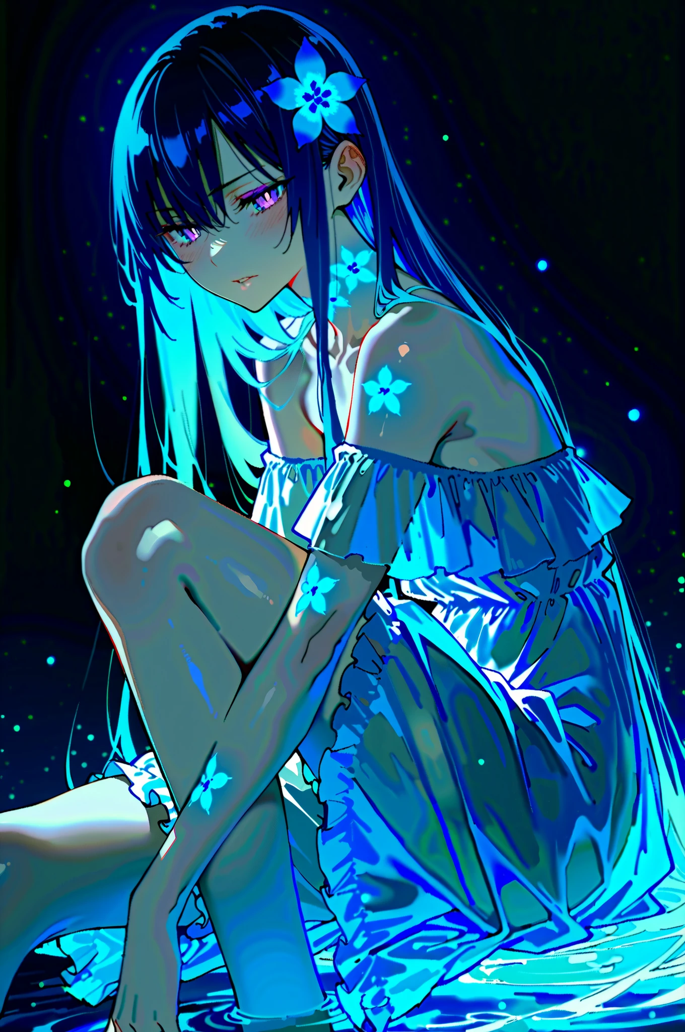Masterpiece, best quality, amazing quality, newest, very aesthetic, absurdres, (scenery:1.4), 8k, good anatomy, good shading, ultra detailed, refined details, high resolution, HD, masterwork, G0zeNA_illu,abstract,surreal, XUER guangying,748cmstyle.
(shinkai makoto:0.75), (mazjojo:0.83), (artist:pigeon666:0.67), (artist:zawar379:0.77), (artist:remsrar:0.65), (artist:yoneyama mai:0.74), (chimmyming:0.72), (konya karasue:0.55), (remsrar:0.65), nub1mo, (Yomu:0.3),(dino_(dinoartforame):0.5),(quasarcake:0.4),(wlop:0.3), (ebifurya:0.52), (as109:0.82), (krekkov:0.68), (mossacannibalis:0.56), (tianliang duohe fangdongye:0.8), (z-ton:1.04), (photorealistic:1.2), (illustration:1.3), high resolution, sharp focus, soft lighting, aged up, 1girl, long hair, blue eyes, blue hair, off shoulder, black hair, bare shoulders, sidelocks, very long hair, blush, half-closed eyes, hair flower, expressionless, hair between eyes, glowing hair, straight hair, parted lips, looking down, purple eyes, dress, white dress, hair ornament, floral print, off-shoulder dress, see-through, frills, frilled dress, blue dress, sitting, knee up, looking at viewer, flower, water, glowing, solo, blue theme, black background, from side, simple background, feet out of frame, dark, tattoo, closed mouth, white flower, arm tattoo, blue flower, dark background, flower tattoo, light particles, (medium\), tesun \(g noh\).
Negative prompt: lowres, (bad quality,worst quality:1.2), long neck, bad anatomy,watermark, sketch,jpeg artifacts,ugly, poorly drawn,(censor),cross, loli
Steps: 25, CFG scale: 4, Sampler: DPM++ 3M SDE, Seed: 1182288780