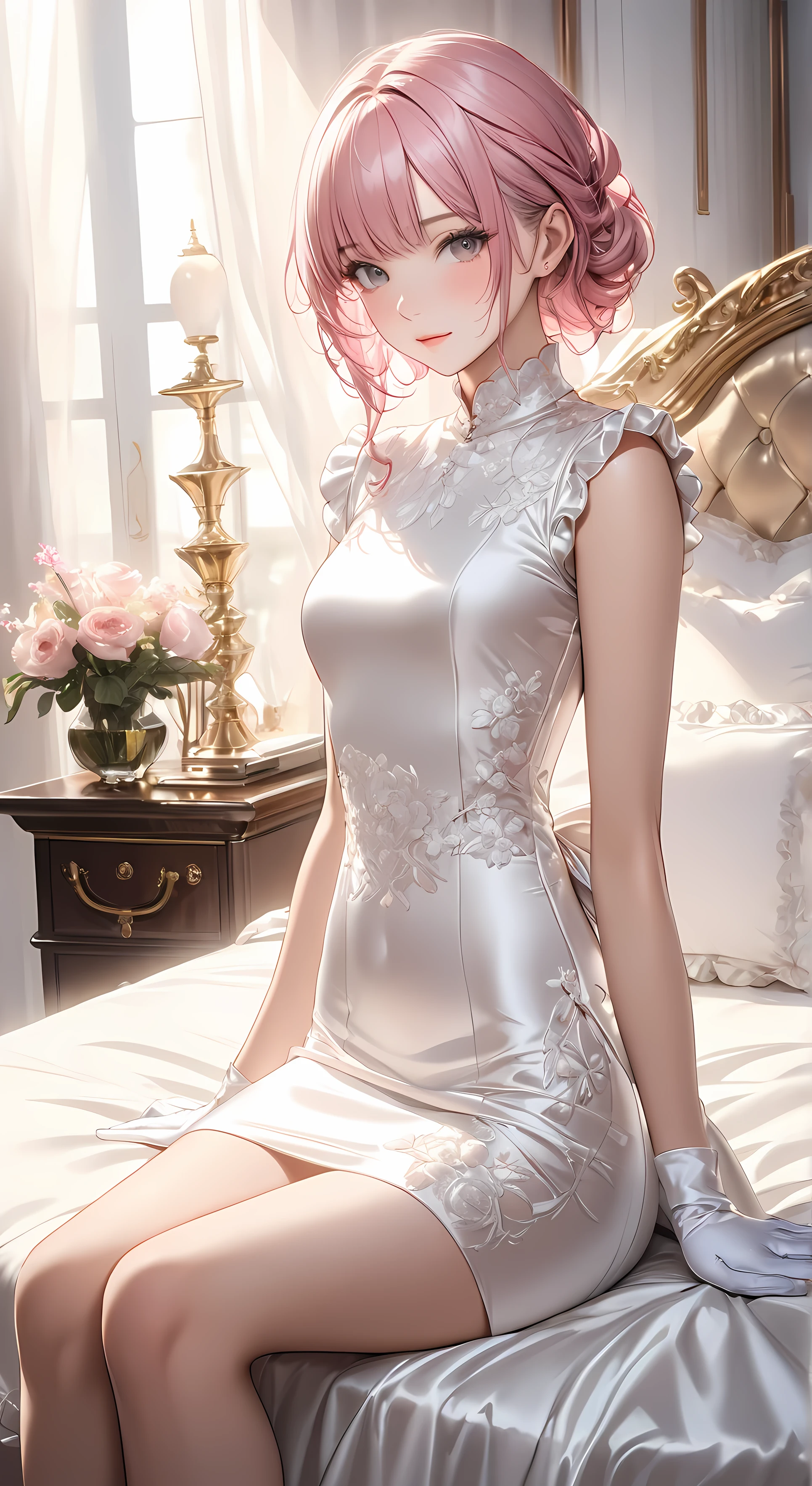 Full body photo、 Portrait、god々Shining Light、( masterpiece, Highest Quality, ultra high res ),highly detailed CG, Japanese woman,(( beautiful faces)),(( short sleeve tight dress、Made of white silk satin))、((The dress has a simple design with no frills)),spats、(perfect fit white silk satin sleeveless )、thin thigh white silk satin gloves ,(( sit on a luxurious bed ))Give pink hair a sense of transparency、