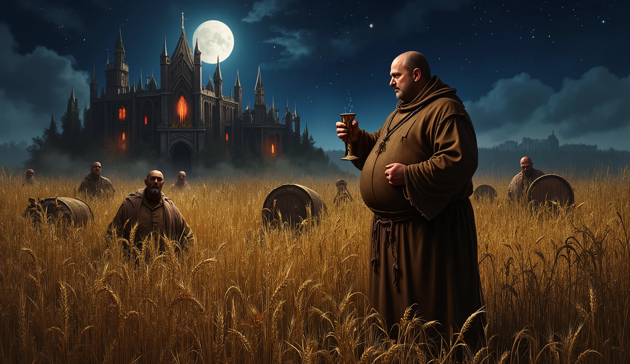 High resolution image of a nighttime field of ripe barley under full moonlight. The golden grains wave gently in the night breeze, Creating an eerie contrast with the surrounding darkness. No centro da imagem, a corpulent medieval monk with rosy cheeks and an expression of morbid fascination stands among the plants. He wears a simple brown habit with a hood draped over his shoulders and a drawstring at the waist that barely contains his prominent belly. In his chubby, stained hands, He holds up an ornate chalice against the moonlight, intent upon a viscous, black, petroleum-like liquid that seems to absorb the very light around. The liquid bubbles subtly and reflects the moonlight with an unnatural glow. Scattered chaotically across the barley field, Several ancient wooden barrels lie overturned, alguns quebrados, Oozing the same black liquid that forms puddles that seem corrupt and wither the surrounding plants. Among the barley stalks, Elongated shadows and semi-transparent shapes move stealthily, only partially visible - distorted silhouettes with spindly limbs and irregular heads that seem to watch the monk. His eyes occasionally reflect the moonlight as small points of light among the crop. Ao fundo, Rising against the starry night sky, an imposing Gothic abbey with pointed spires and stained-glass windows glowing with a sickly red light dominates the skyline. The structure appears partially in ruins, With deformed gargoyles adorning its eaves and an otherworldly aura hovering around it