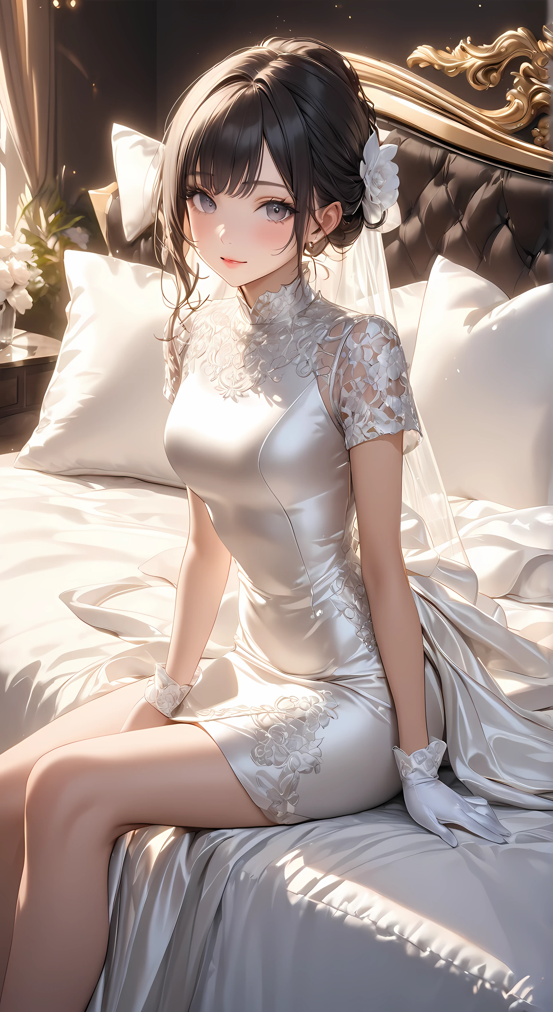 Full body photo、 Portrait、god々Shining Light、( masterpiece, Highest Quality, ultra high res ),highly detailed CG, Japanese woman,(( beautiful faces)),(( short sleeve tight dress、Made of white silk satin))、((The dress has a simple design with no frills)),spats、(perfect fit white silk satin sleeveless )、thin thigh white silk satin gloves ,(( sit on a luxurious bed )) 薄いピンクの髪 、