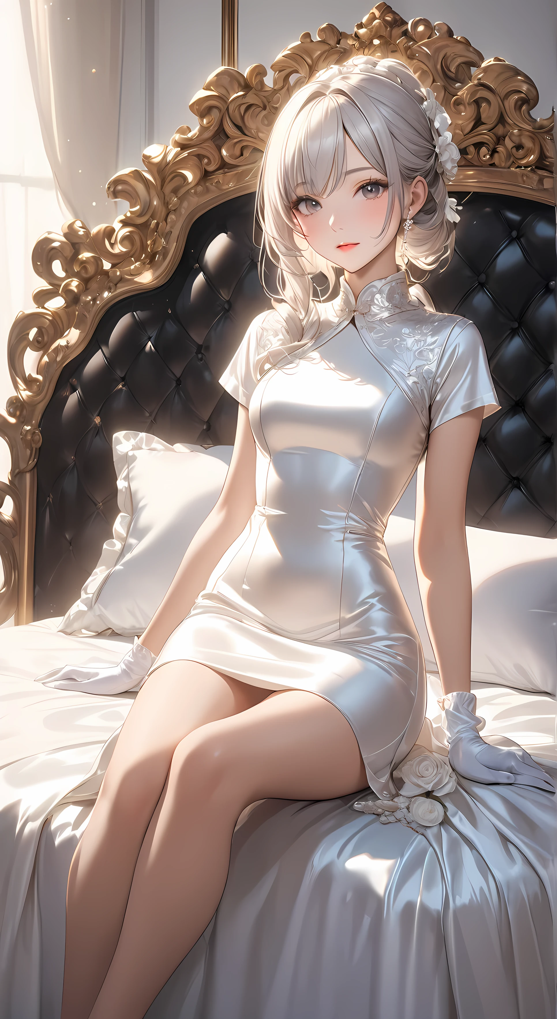 Full body photo、 Portrait、god々Shining Light、( masterpiece, Highest Quality, ultra high res ),highly detailed CG, Japanese woman,(( beautiful faces)),(( short sleeve tight dress、Made of white silk satin))、((The dress has a simple design with no frills)),spats、(perfect fit white silk satin sleeveless )、thin thigh white silk satin gloves ,(( sit on a luxurious bed )) 薄いピンクの髪 、