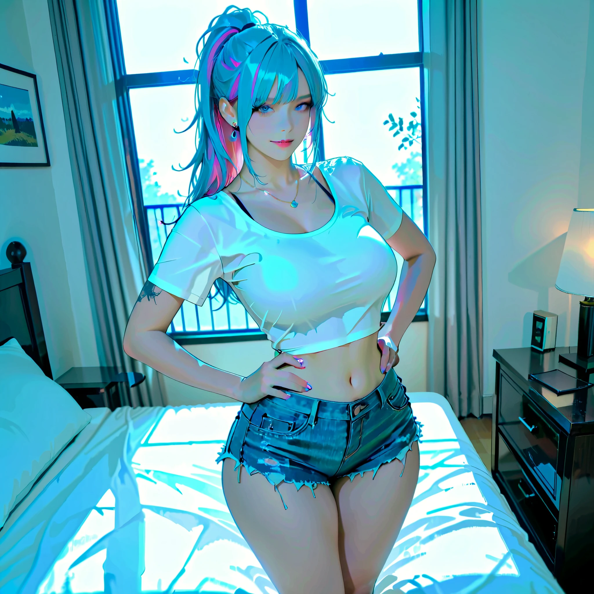 1 sexy girl ,  ( Two-tone hair , Light Blue Hair Pink Hair ), Blue Eyes , White-toned bedroom with window , big breasts , big breasts   , Beautiful round chest , Perfect chest , titsนูน , titsยื่น , titsแหลม , tits , Body Dwass , Show off your slender legs  , โชว์big breastsของคุณ , Show hips , part. Show off your waist  , Show off your bottom  , proportions, perfect shape , perfect proportions of female , Abdomen , eyeshadow , big hips , Big Butt , Perfect Skin ,for ponytail , ponytail , Earrings , Necklace  , Wear a sexy white tight-waisted oversized T-shirt with black lingerie edge-on denim shorts. ,  navel , (( Tattoosตามร่างกาย )) , ((Tattoos)) , Dynamic angle , looking at the viewer , Looking straight ahead 