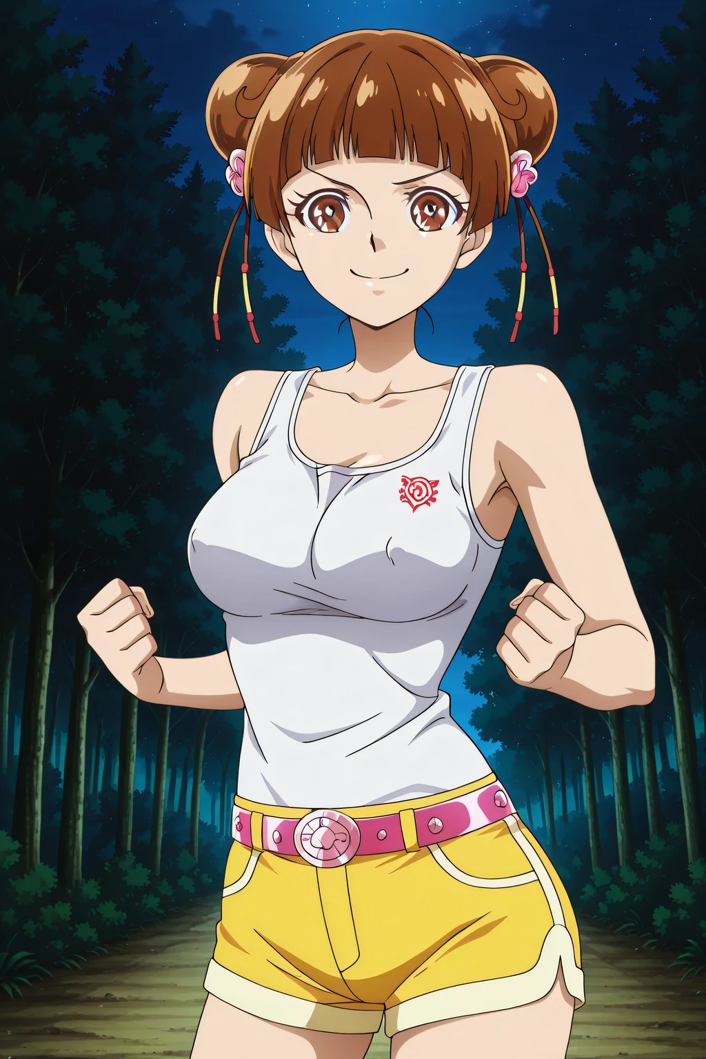 score 9、score 8 up、score 7 up、source anime、傑作、best quality、best resolution、best image quality、anime coloring、1girl、Xiaoling、official anime style、brown hair、short hair、brown eyes、blunt bangs、hair pin、hair bun、double bun、official anime artwork、collarbone、trapezius、white tank top、big breasts、medium breasts、skin tight tank top、Lift up to slightly  nipples、tank top with an white、bare shoulders、bare arms、plain tank top、yellow hot pants、belt、hot pants with an yellow、official anime artwork、basic tank top、anime screencap、A cheerful smile、outdoors、(forest, 流星, night)、looking at viewer、cowboy shot、dutch angle、