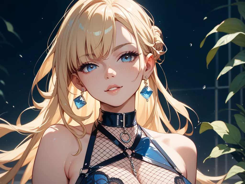 Best, Masterpiece, High Resolution, Best Quality, Ultra HD, Super Detail, Award-Limited, 16k, Solo, (Upper Body), Anatomically Correct, Beautiful Maiden, Cute Face, Highlights, Gradient Beige Hair, Hair Strands, ((Heterochromia)), Long Eyelashes, Hanging Eye Corners, Fair Skin, (Small), (Slim Body), (Cybermade_costume), Stud Earrings, (Neck Rings), Very, Very Short Gloves