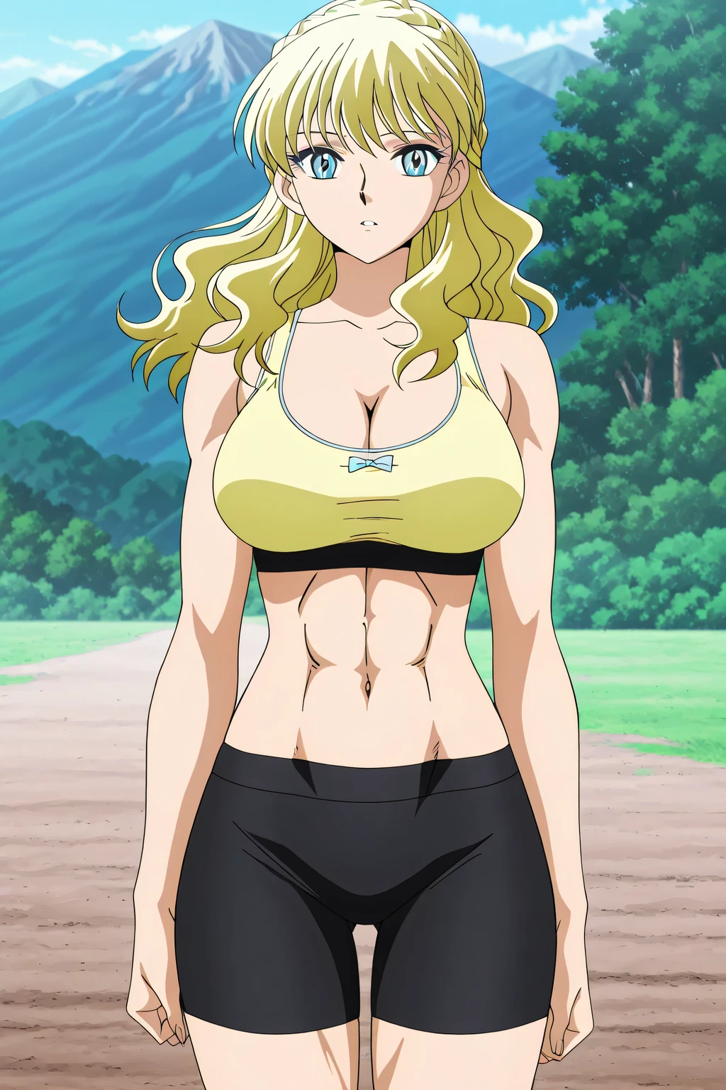 score 9 、score 8 up、score 7 up、source anime、傑作、best quality、best resolution、best image quality、anime coloring、1girl、mii、anime girl with blue eyes and long blonde hair、solo、女の子、portrait of change ta、blonde hair、long hair、blue eyes、french braid、crown braid、classic girl、Girl Romance、beautiful anime Girl standing、Colored Sketches Anime Manga Panels、2010s anime art style、big breasts、cleavage、large breasts、large boobs、yellow sports bra、black bike shorts、 change、elegant atmosphere、slender body、screen cap、deltoids、navel、midriff、abs、stomach、biceps、triceps、brachioradialis、official anime art style、basic sports bra、bare shoulders、bare arms、bare thighs、made by bow water art style、tight sports bra、tight bike shorts、sports bra and bike shorts only、Enchanting anime girl、anime screencap、anime screenshot、looking at viewer、cowboy shot、girl focus、high quality color sketch、made by bow water art style、plain sports bra、(anime girl)、portrait of a beautiful animationh、an anime girl、elegant anime girl、beautiful anime girl、created by Anime Painter Studio、アニメチンコ!!!!、painted in the anime artist studio、real anime art style、digital anime art!!、girl focus、standing、outdoors、Mountain trail、muscles training、battle training、girl poses dynamically、combat posture、
