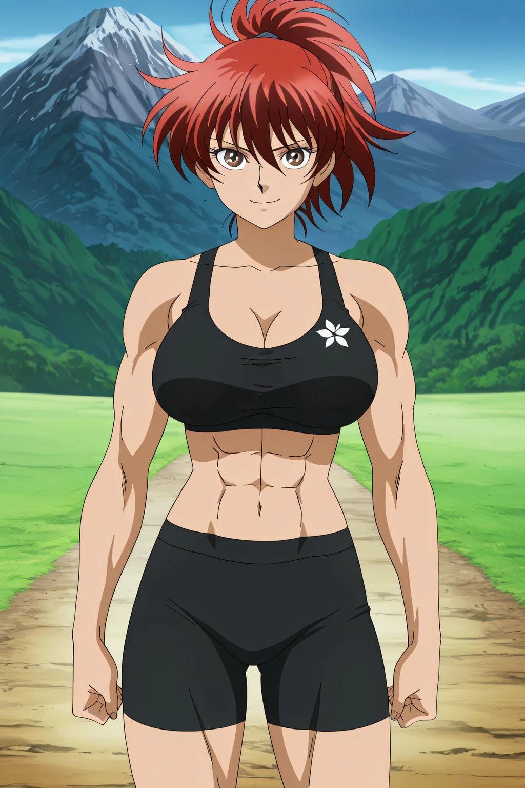 score 9 , score 8 up, score 7 up, source anime, 傑作, best quality, best resolution, best image quality, anime coloring, 1girl, shouko, red haired anime girl, solo, classic girl, Vibrant, girl, created by Anime Painter Studio, handsome, Girl Romance, brave, anime style, ponytail hair, medium hair, Hair between the eyes, red hair, A faint smile, bangs, brown eyes, visual Novel, official anime art style, Colored Sketches Anime Manga Panels, handsome atmosphere, muscular girl, 2010s anime art style, , cleavage, , large , collarbone, trapezius, anime comic, painted in the anime artist studio, アニメ調で, 女性的で筋肉質, screen cap, outfit:pitch black sports bra, girl is wearing a pitch black bike shorts, アニメ!!!!, portrait of a beautiful animationh, tight sports bra, tight bike shorts, deltoids, navel, midriff, abs, stomach, biceps, triceps, brachioradialis, hamstrings, adductor magnus muscles, painted in the anime artist studio, plain sports bra, real anime art style, digital anime artstyle!!, basic sports bra,  shoulders,  arms,  legs, sports bra and bike shorts only, made by bow water art style, Enchanting anime girl, anime screencap, anime screenshot, looking at viewer, cowboy shot, girl focus, standing, outdoors, Mountain trail, tomboy atmosphere, a manly girl, boyish atmosphere, muscles training, battle training,  girl poses dynamically,  combat posture,