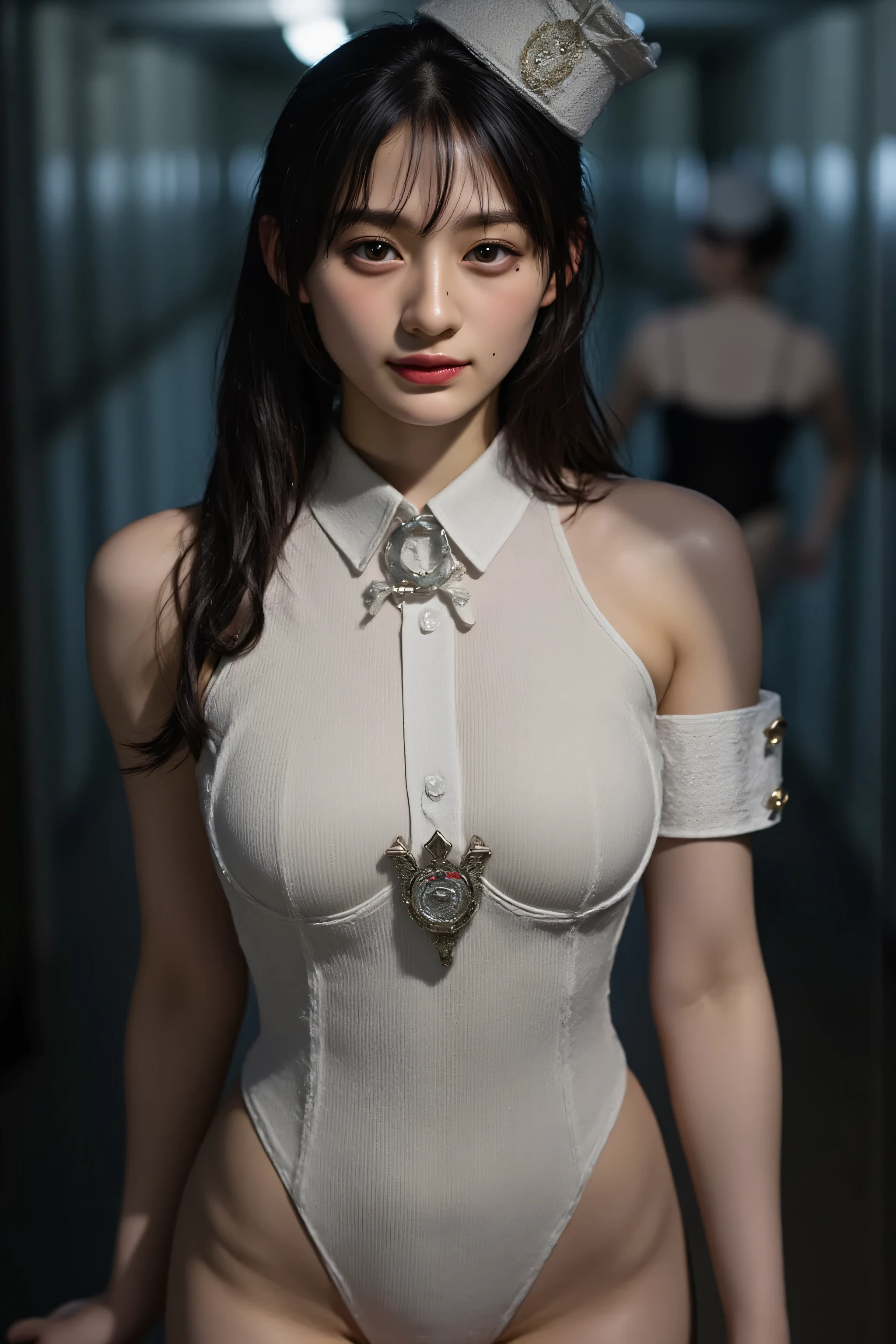 (((1930s military port:2.0))),((Midnight base:2.0)),(((WW2 Era Atmosphere:2.0))),((Hold up Walther PPK:2.0)),A woman,(cute face:2.0),(Beautiful well-balanced face :2.0),(Wavy Black Hair:1.5),(beautiful eyes:1.3),glamorous shot of a 20-year-old Japanese woman,Beautiful slender body,((model body type:2.0)),((slim body:1.7)),perfect body line,ideal proportions,((big breasts:2.0)),((スリーサイズ90-58-86:2.0)),((G cup breasts:2.0)),(Big Breasts:2.0),Bare thighs,sensual thighs,delicate body,(muscular:1.7),natural posture,((Realistic breast depiction :1.7)),Carefully Depicts Limbs Based on Perfect Anatomy,((Japanese Navy Officer's Military Uniform Style White Super High Leg Leotard:2.0)),((Fitted Military Uniform Style Super Super High Leg Leotard:2.0)),(((Long Coat with Open Front Armband and Medal:2.0))),(((rough mesh black fishnet tights:2.0))),(((Japanese Navy Officer's Hat:2.0))),concept art,(Highest Quality:1.5),(masterpiece:1.5),(超高Resolution),Resolution,UHD,(delicate depiction),carefully drawn,32k,((realistic skin texture:1.7)),(((super realistic:1.5))),carefully drawn eyelashes,Highly Detailed Faces,highly detailed female hands, Sexy appearance ,very sensual,(Blurry, dim background:1.5),professional photo shoot,(Movie Lights:2.0),((Blade Runner Style Lighting:2.0))