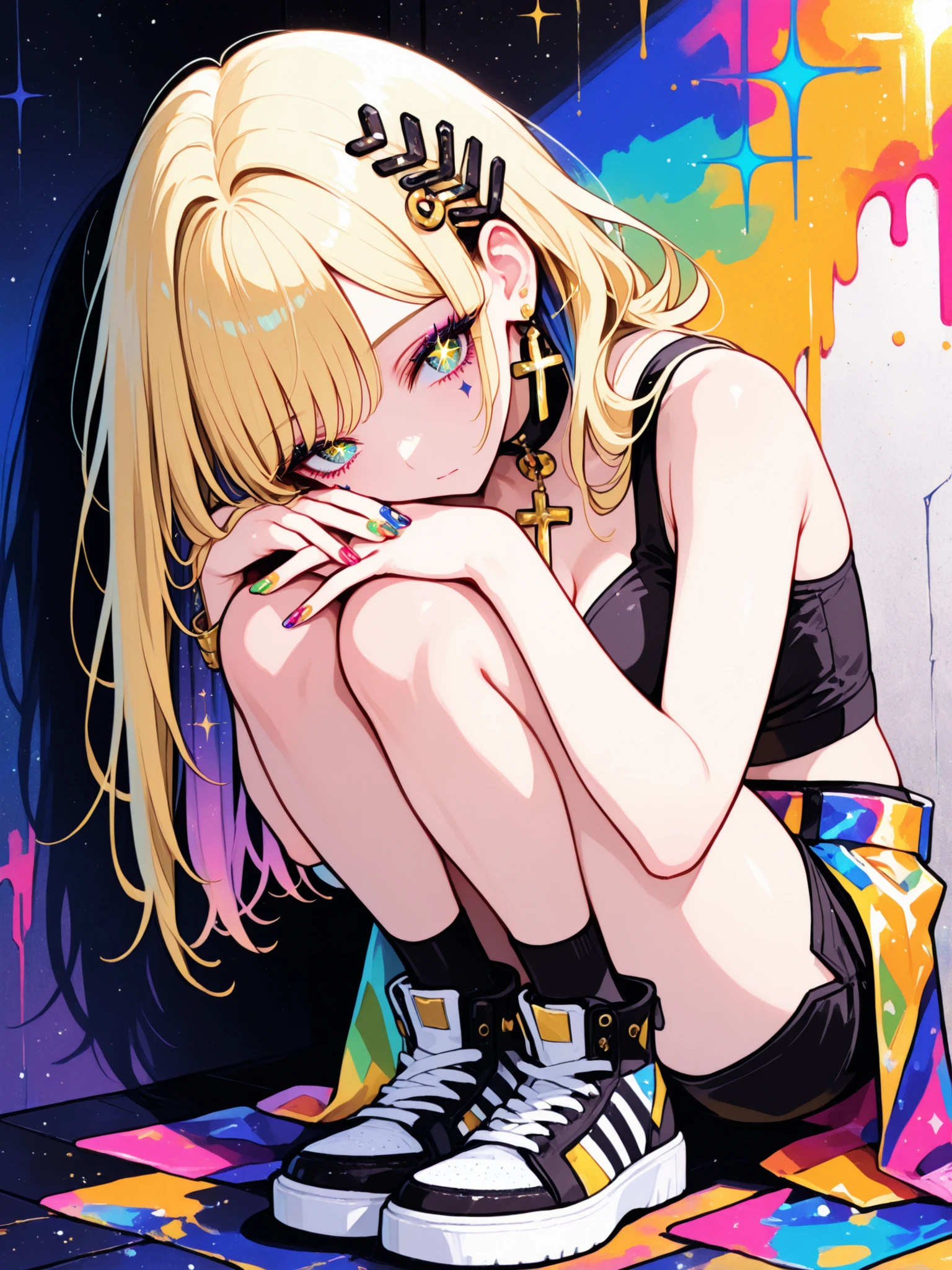 Woman, solo, Colorful nails, rimless, eyes of gold, long hair,, hair ornaments,Zebra pattern background, Blonde, Sparkling Makeup on Her Face、Shibuya、moving poses、angle from above、Full Body、Gal、shorts with back of head、pieces、Highest Quality、masterpiece、earrings