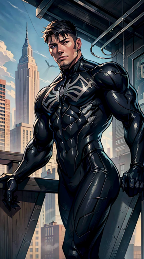 Man in yellow and black clothes, tightly wrapped in black thick tentacle, lying in the sticky tentacle's lair, muscle male hero, Buzz Cut, heroic male pose, tall and burly, muscular! Wearing black sunglasses, tall and burly, stealth suit, super buff and cool, high resolution committee, character design (Resident Evil - Chris Redfield), black military boots, attractive strong male