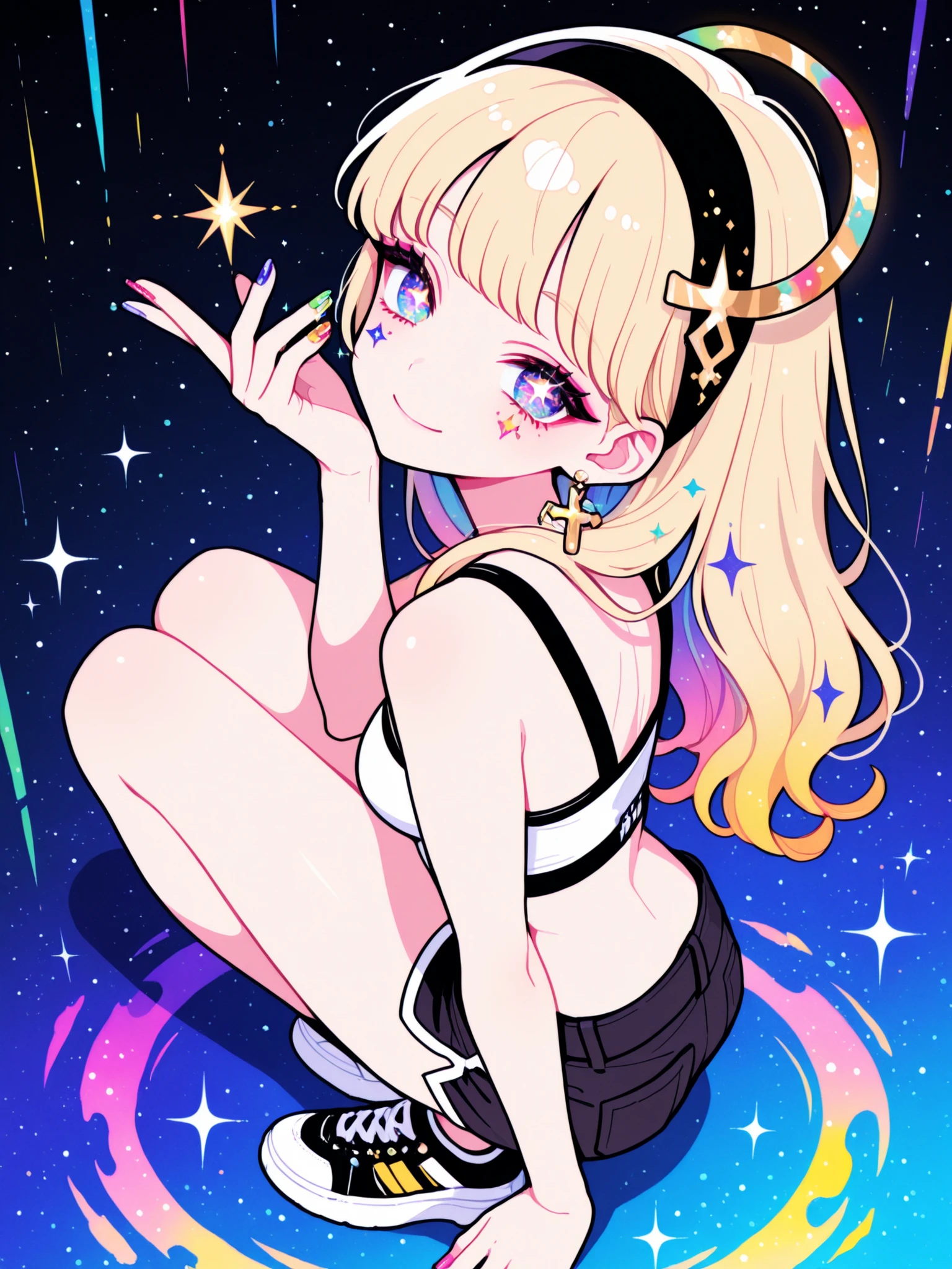 Woman, solo, Colorful nails, rimless, eyes of gold, long hair,, hair ornaments、colorful background, Blonde, Sparkling Makeup on Her Face、Shibuya、moving poses、angle from above、Full Body、Gal、shorts with back of head、pieces、Highest Quality、masterpiece、headband