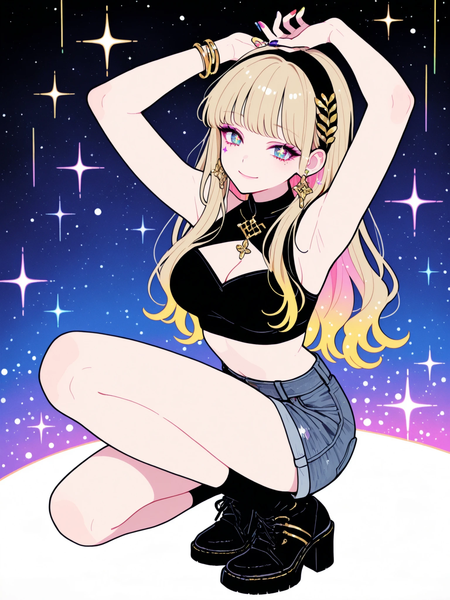 Woman, solo, Colorful nails, rimless, eyes of gold, long hair,, hair ornaments、colorful background, Blonde, Sparkling Makeup on Her Face、Shibuya、moving poses、angle from above、Full Body、Gal、shorts with back of head、pieces、Highest Quality、masterpiece、headband