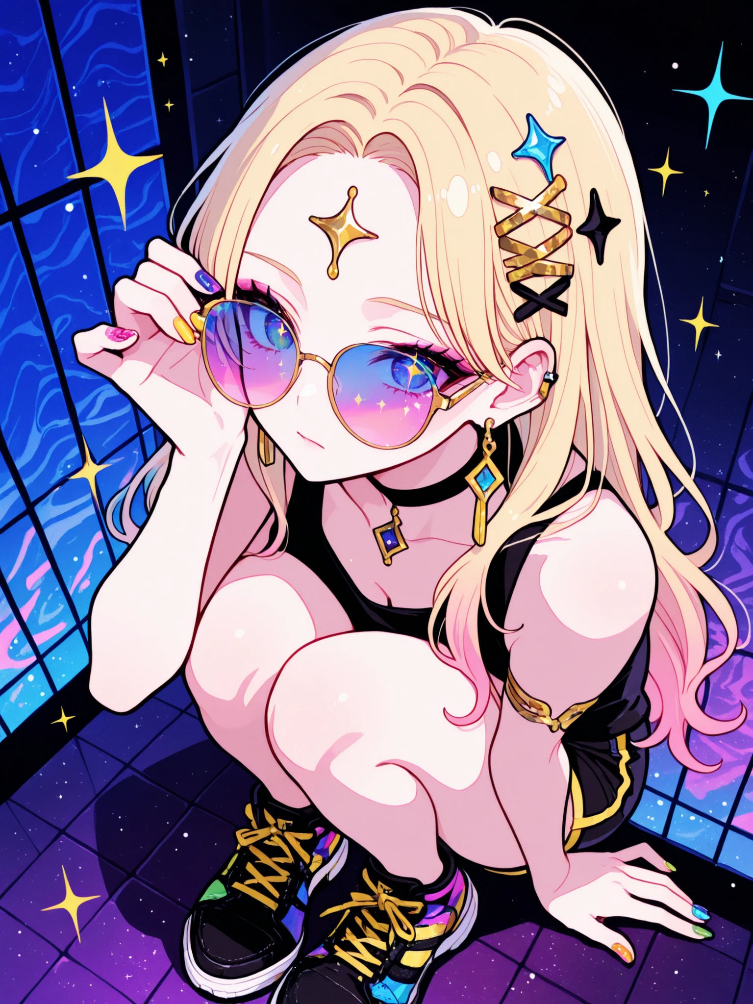 Woman, solo, Colorful nails, rimless, eyes of gold, long hair,, hair ornaments,Zebra pattern background, Blonde, Sparkling Makeup on Her Face、Shibuya、moving poses、angle from above、colorful sunglasses、Full Body、Gal、shorts with back of head、pieces、Highest Quality、masterpiece