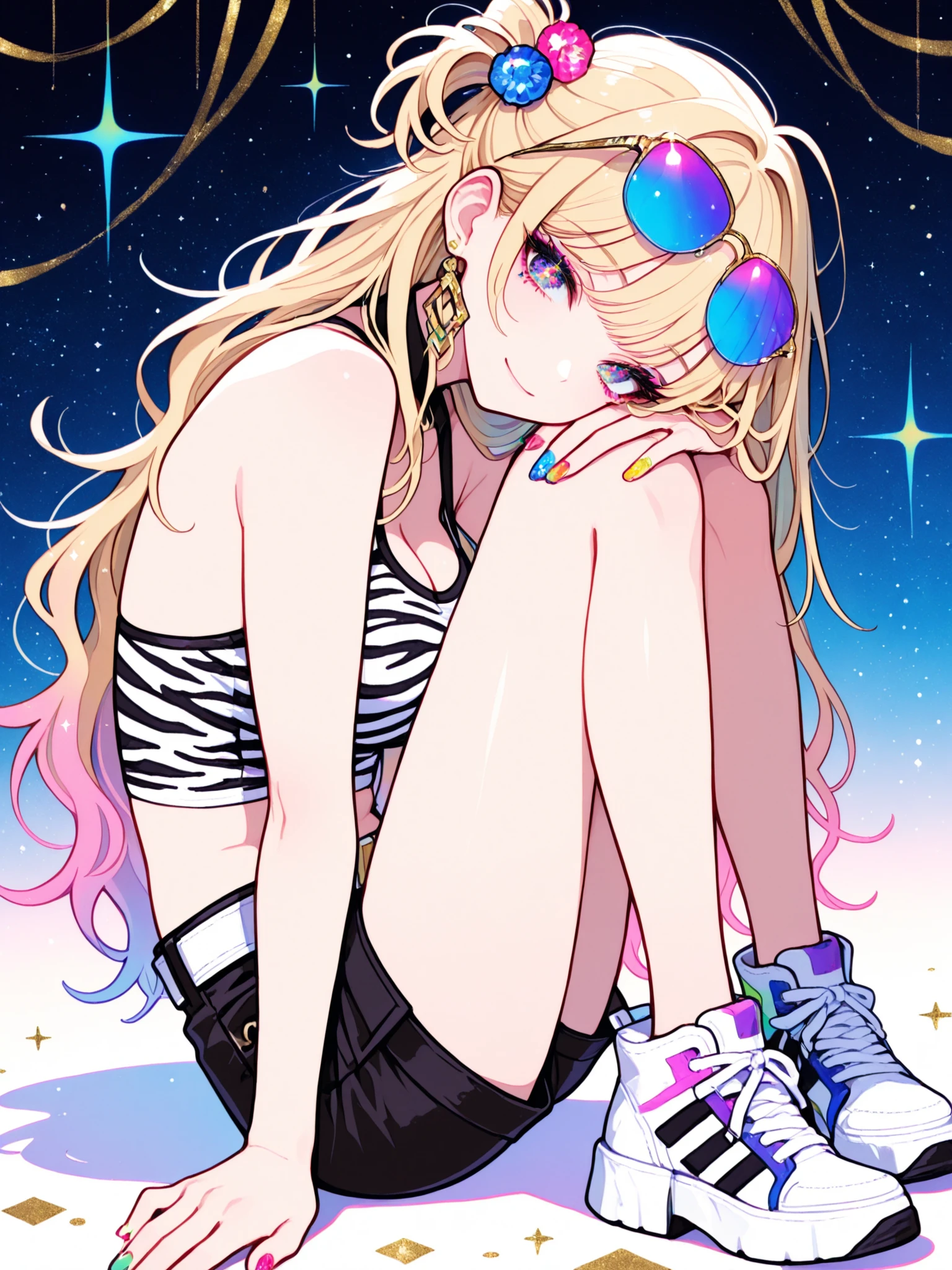 Woman, solo, Colorful nails, rimless, eyes of gold, long hair,, hair ornaments,Zebra pattern background, Blonde, Sparkling Makeup on Her Face、Shibuya、moving poses、angle from above、colorful sunglasses、Full Body、Gal、shorts with back of head、pieces、Highest Quality、masterpiece