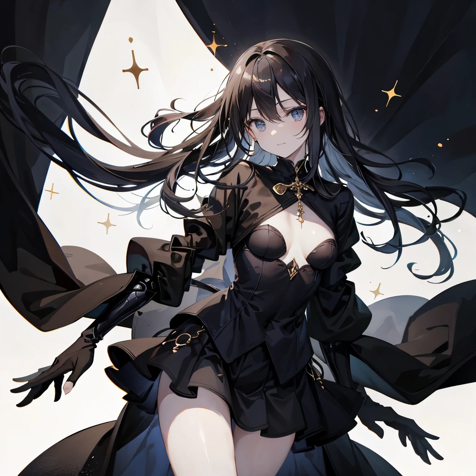 (masutepiece:1.2, Best Quality), (Best Illumination, extremely delicate and beautiful), [(1 girl in:1.5),(choco skin:1.5), smile, (sparkling navy blue eyes:1.3), (black hair:1.5) , flat chest,small stature,slender beauty,(black coat:1.5), (blackskirt:1.5)Full body],(Pale white background:1.5),