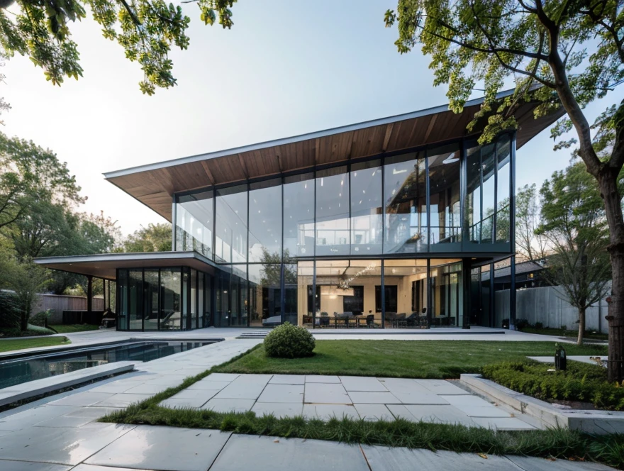 perspective of a modern single-story house with a hip roof design, featuring metallic sheet walls, a clean and minimalist layout, large windows, and an open floor plan, including a bathroom, bedroom, living room, and front porch, with structural details of steel beams (100x50x2.3 mm and 75x45x2.3 mm), scale 1:100, surrounded by a simple landscaped yard