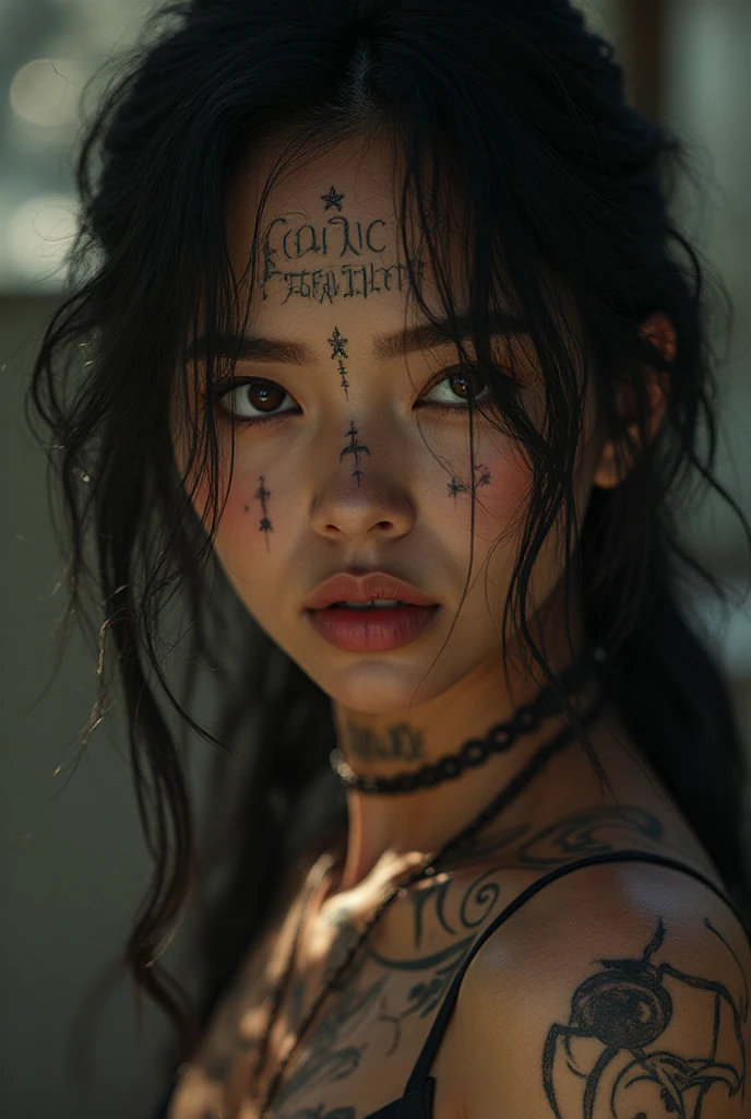 I want to create this girl in tattoos up to the neck, Without glasses, in realistic style, Japanese style, tattoos, neon red colors, tattoo studio, nice atmosphere, big shot, girl in the center of the frame