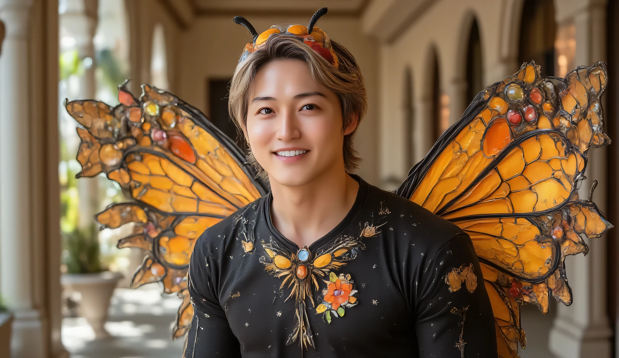 handsome man,butterfly costume,palace,standing,ultra high resolution,blonde hair,facing forword