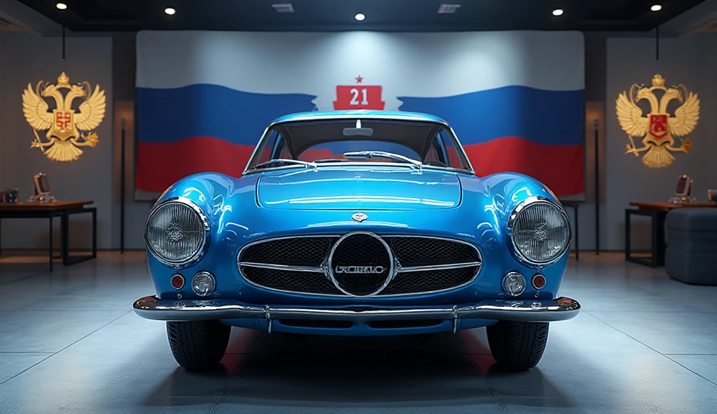(Moskvitch Aleko 2141)blue colour full front view showroom background ...