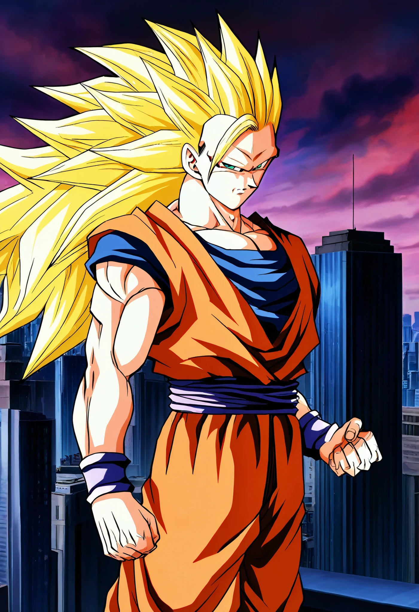 score_9, score_8_up, score_7_up, source_anime, official artstyle, anime screencap, highly detailed,1boy, solo, male focus, perfect composition, good shading, masterpiece, masterwork, best quality, absurdres, hyper-detailed, 8k uhd:1.2, amazing quality, very aesthetic, high resolution, ultra-detailed, newest, official art, 1boy, solo, male focus, outdoors, skyscaper, city below, serious, red dougi, red gi,goku,blonde hair,long hair,spiked hair,green eyes,no eyebrows,muscular male,