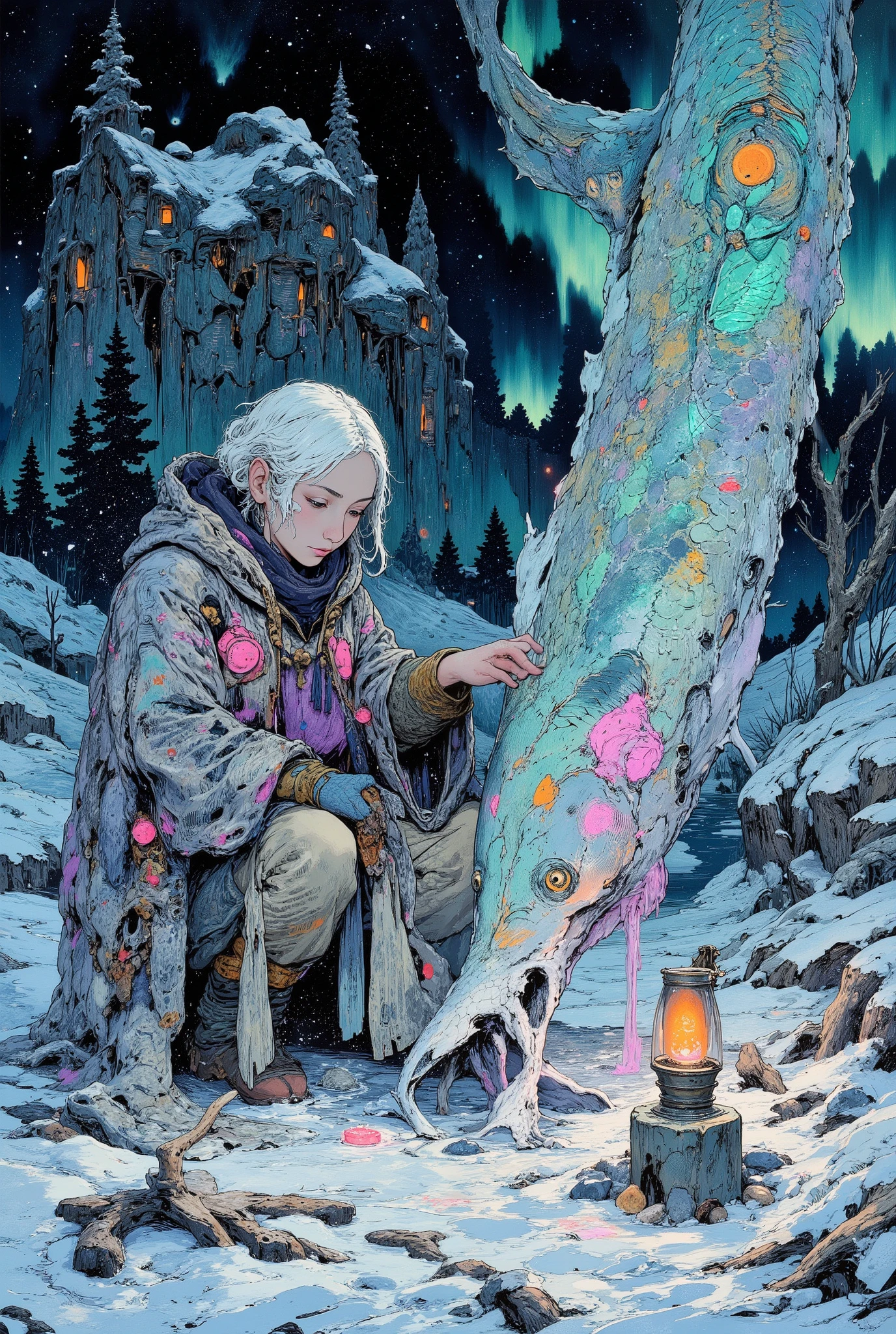 Vintage book illustration style, Soviet children's book design (for example, Vladimir Konashevich). Clear contours, soft smooth colors, paper texture. Palette: icy blue, silver, violet with bright pink and orange accents. Scene: A polar night on a snowy shore, the northern lights twinkle in the sky. An old shaman woman in traditional fur clothes (parka), an Inuit soothsayer, bends over a giant frozen salmon. Its iridescent scales form a hypnotic pattern, with distinctive lines on its side resembling ancient petroglyphs that seem to glow with a faint turquoise light. Her bare hand traces the patterns. The light comes from the Aurora Borealis and a small stone oil lamp next to it. A harpoon and bones are lying nearby in the snow. A mystical, serene moment of ancient unity with nature.