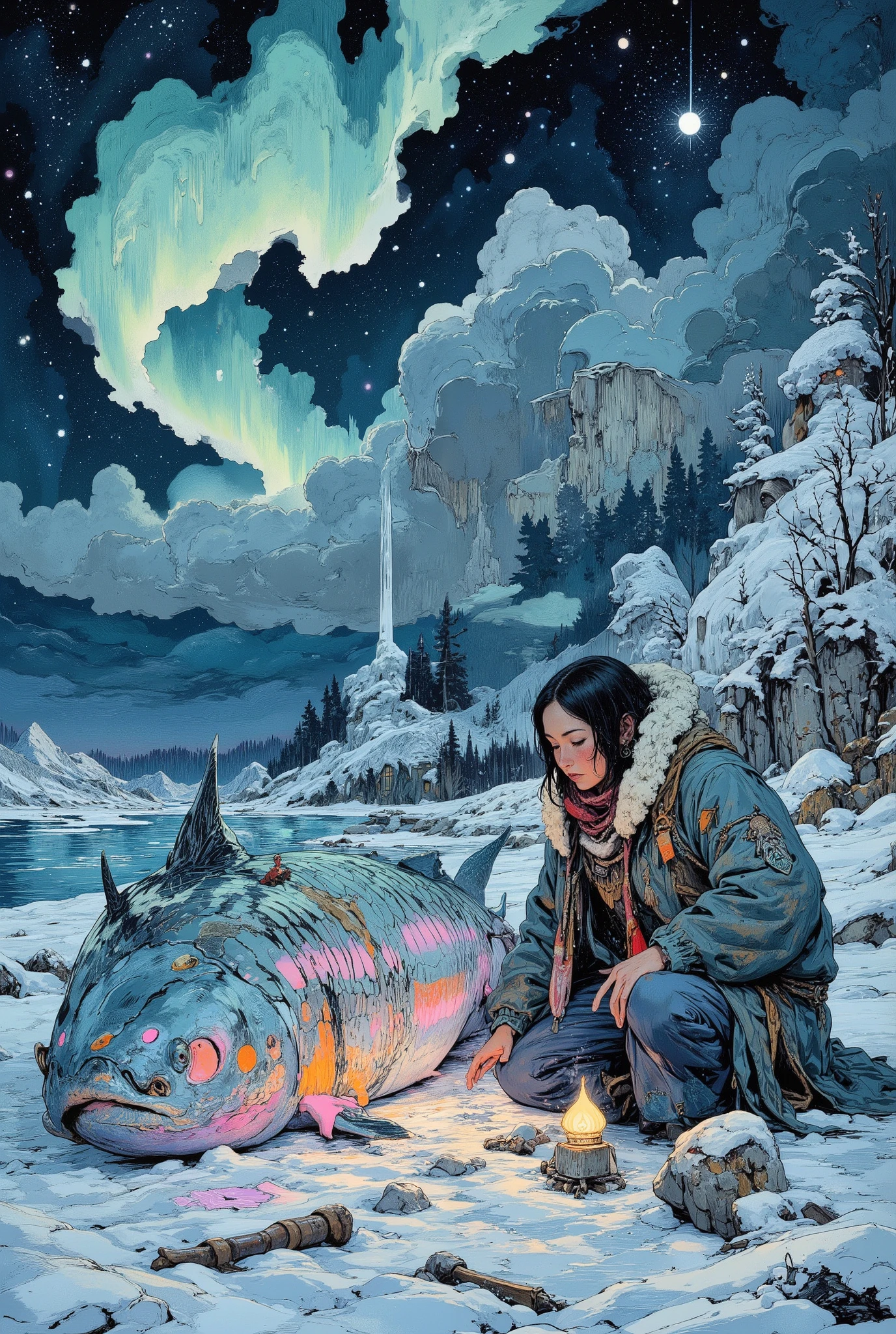Vintage book illustration style, Soviet children's book design (for example, Vladimir Konashevich). Clear contours, soft smooth colors, paper texture. Palette: icy blue, silver, violet with bright pink and orange accents. Scene: A polar night on a snowy shore, the northern lights twinkle in the sky. An old shaman woman in traditional fur clothes (parka), an Inuit soothsayer, bends over a giant frozen salmon. Its iridescent scales form a hypnotic pattern, with distinctive lines on its side resembling ancient petroglyphs that seem to glow with a faint turquoise light. Her bare hand traces the patterns. The light comes from the Aurora Borealis and a small stone oil lamp next to it. A harpoon and bones are lying nearby in the snow. A mystical, serene moment of ancient unity with nature.