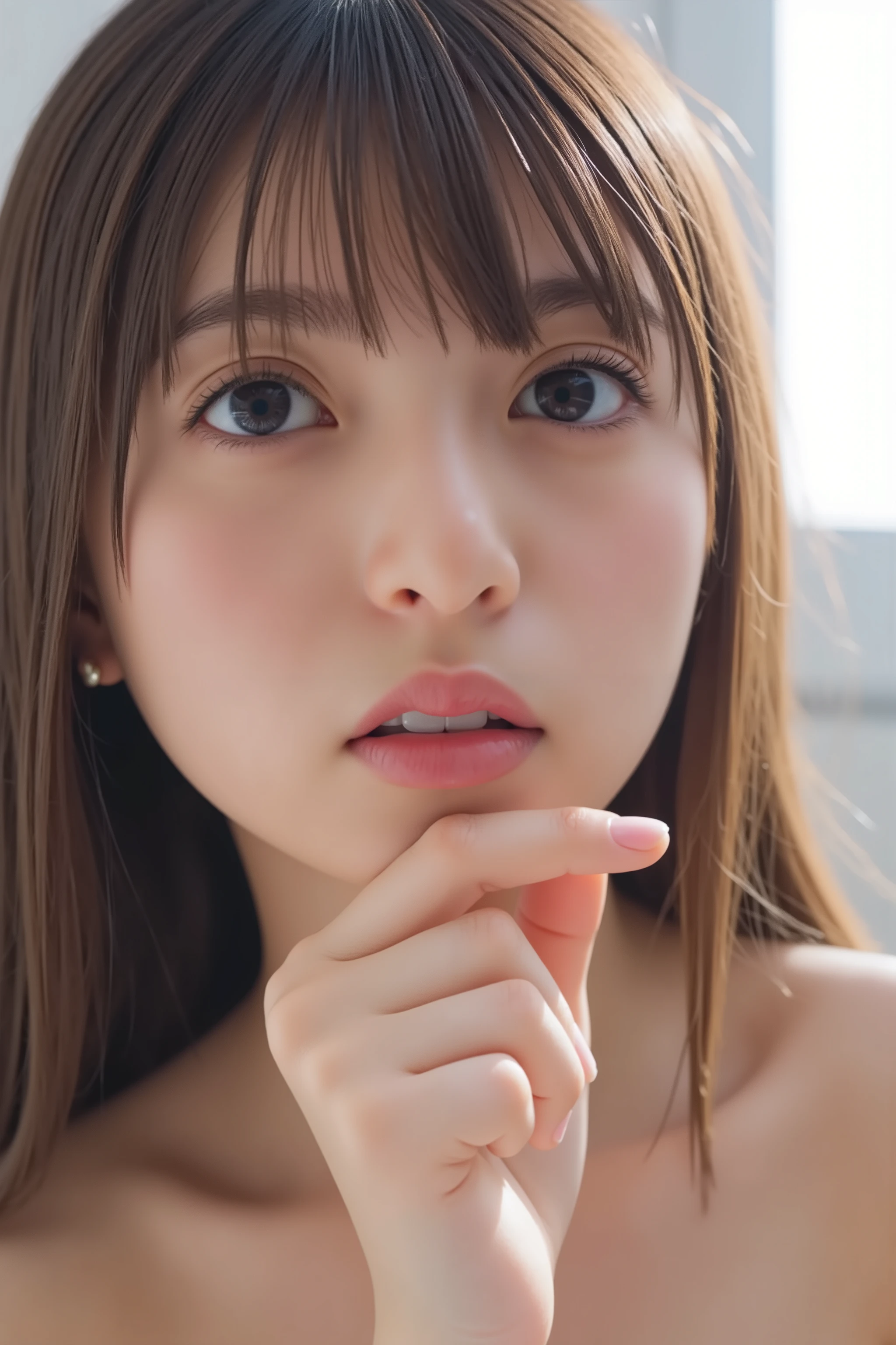 1girl, solo, small breasts, looking at viewer, realistic, photorealistic, brown hair, very beautiful big brown eyes, lips, smile, teeth, long hair, bangs,high image quality、Realistic skin、Moisturized Skin、Realistic eyes and faces、slim face,Perfect model body shape、Beautiful Eyes、Big eyes、Inconspicuous tear bags、slim、small breasts、No bra、Camel Toe、Beautiful fingers、smile,seems to be happy、(cowboy shot )、(((Apron , naked body)))、wear only apron,naked apron,((In the kitchen))、Sideboob