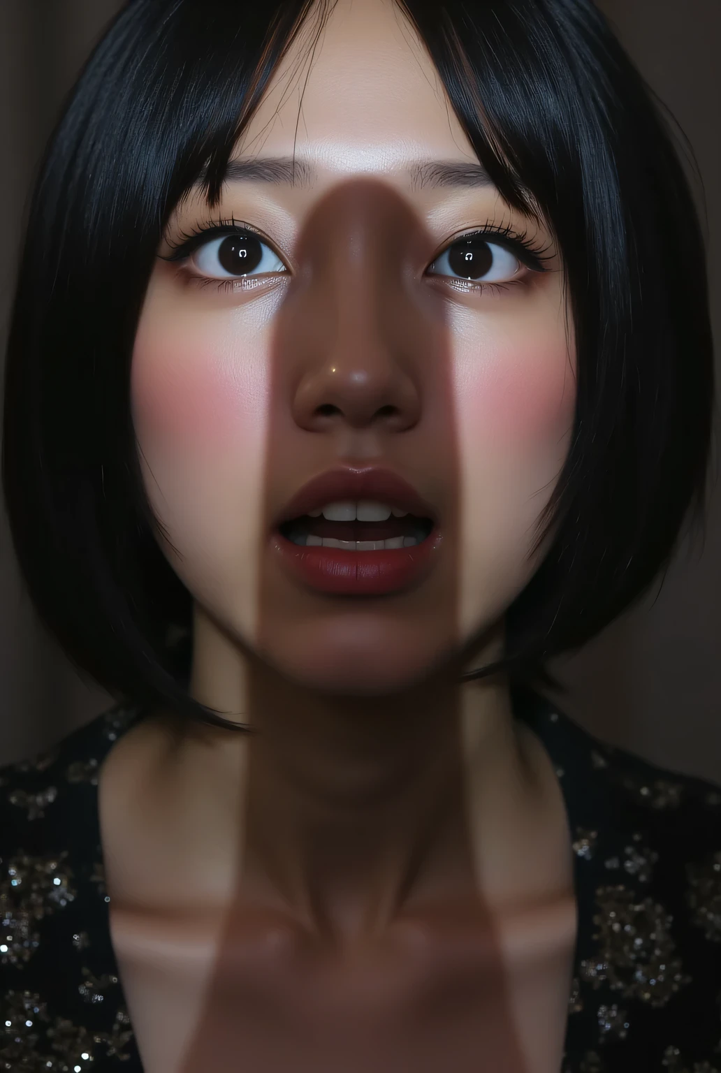 beautiful girl, kneeling in front of viewers , the shadow of her huge penis is reflected on her face , and looks up at her penis with a surprised expression , detailed facial features of genitals , Photorealistic , Dramatic light , high quality, 8k, Super Detailed, masterpiece.mouth