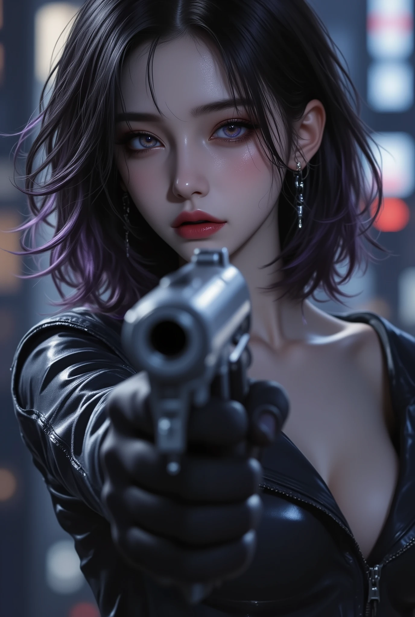 photorealistic、realistic skin texture、gun、extremely tight cyberpunk suit、beautiful long hair、Dim Cyberpunk City、Beautiful Thin Violet Eyes、Black hair with slightly purple tips、gun口をカメラに向けて