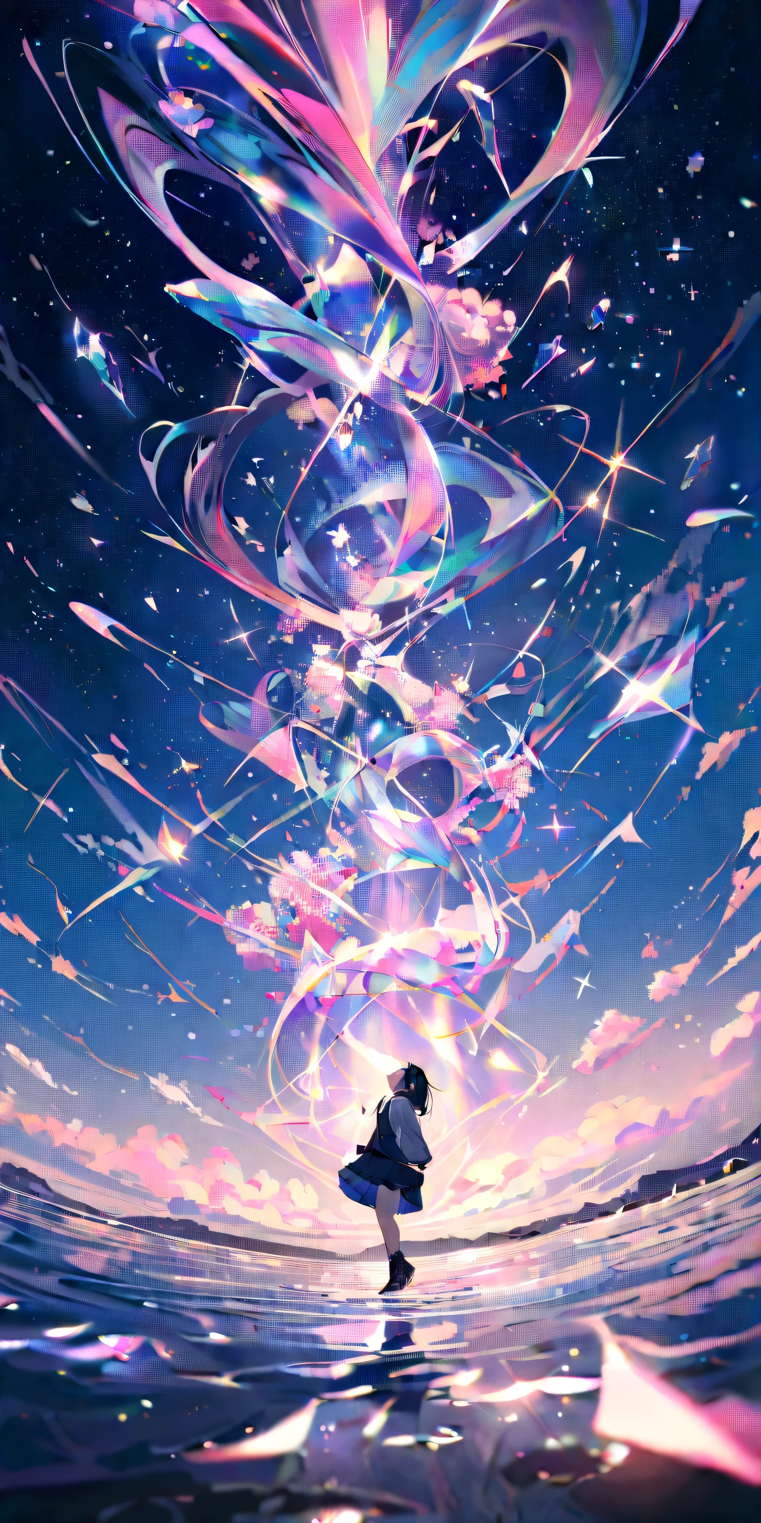 1girl\(cute,,chibi,student, young, hair\(short,silver,floating\), cosmic eyes, pale skin, (looking up:1.2)\). BREAK .(crystal clear bubbles\(shining prism,in the sky\), beautiful universe, (photo-realistic huge beautiful colorful aurora:1.2),high color saturation, ground\(made of water, reflecting aurora\), many colorful (realistic crystal flowers) blooming everywhere, (shiny wind flow), stars sparkle, from below. (fish-eye lens). BREAK .quality\(,masterpiece, high score, great score, very aesthetic, high resolution, ultra-detailed, absurdres, newest, scenery, depth of field\)