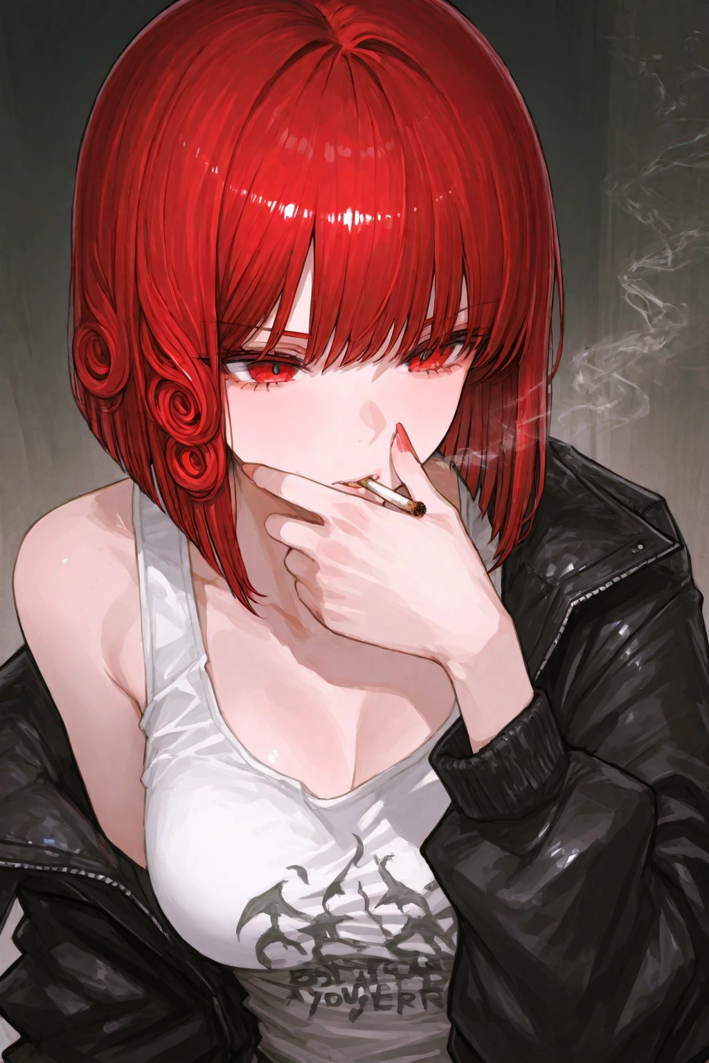 Realistic Digital Painting with Concept Art Elements"," digital painting," "concept art," "realistic," "high detail", "muscular",, "high-res", "ominous aura,", "8k resolution", "oil painting", "darker tone" , "dark saturation" ,"dark feeling", "concept art" , "detailed features" , "detailed eyes" , "1girl" , "cold eyes" , "brown eyes" , "Boss cut" , dirt blonde hair" , "tattooed bicep" , "feminine yet masculine charm" , "wrist bracelets" "choker" , "puckered lips" , "large size " , "perfectly proportioned" , "short cut" , "burgundy hair color" , "business suit", "yakuza boss" , "smoking a pipe" , "sitting on bed" , "angry impression" "smoking"