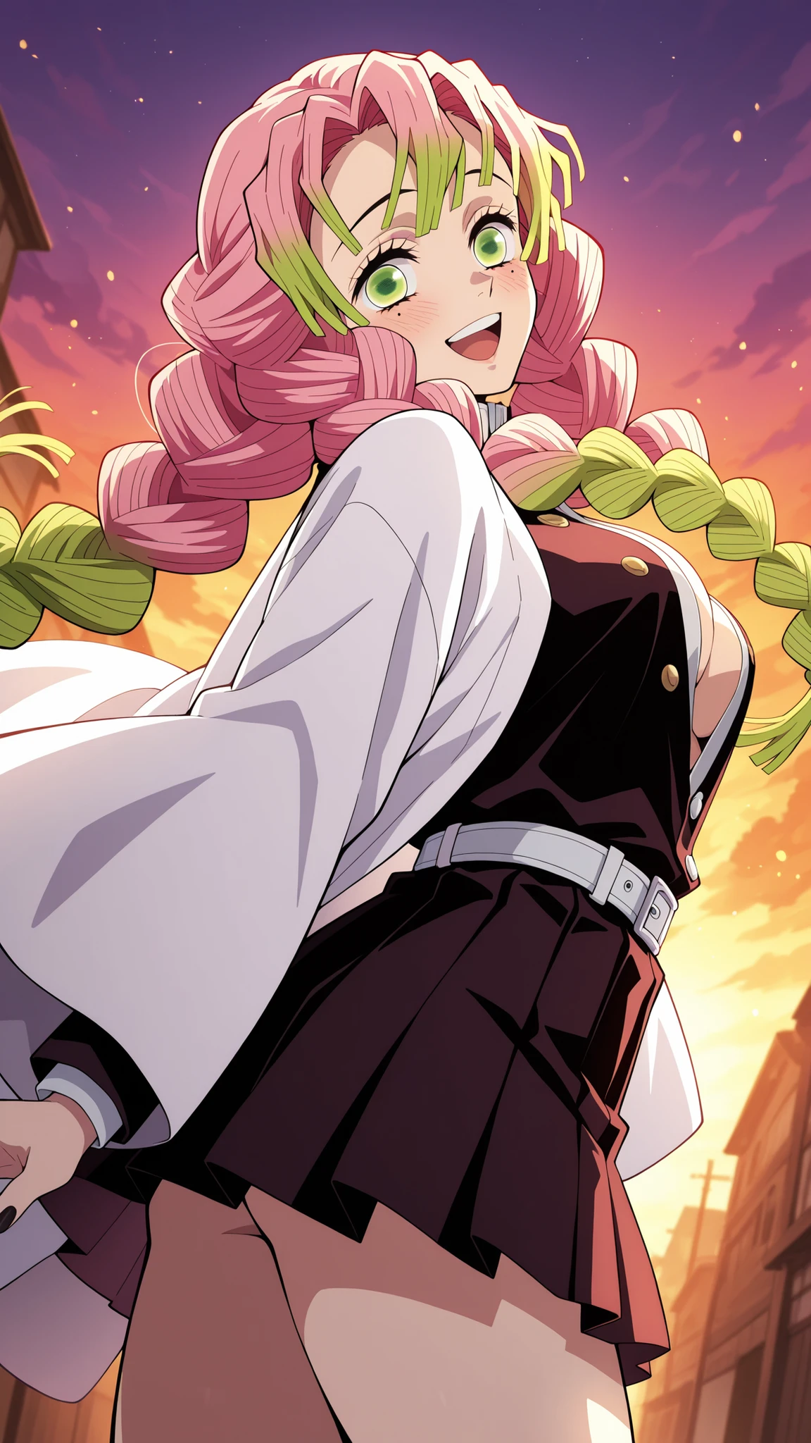 BREAK (masterpiece:1.2), best quality, high resolution, unity 8k wallpaper, (illustration:0.8), (beautiful detailed eyes:1.6),Anime-style view from the street, skyscrapers glowing in orange and purple sunset light. The sky burns with warm colors between tall buildings, windows reflecting the glow. Romantic and calm atmosphere, cinematic wide-angle, highly detailed illustration,no people,blush, seductive expression, mitsuri kanroji, braid, gradient hair, green eyes, green hair, long hair, mole, mole under eye, multicolored hair, pink hair, twin braids, two-tone hair,belt, black skirt, cleavage, coat, demon slayer uniform, haori, japanese clothes, long sleeves, miniskirt, partially unbuttoned, pleated skirt, skirt, uniform,cowboy shot,looking at viewer,floating hair,black nails,serious face,arched back,from below,smile,open mouth,from behind,back photo,