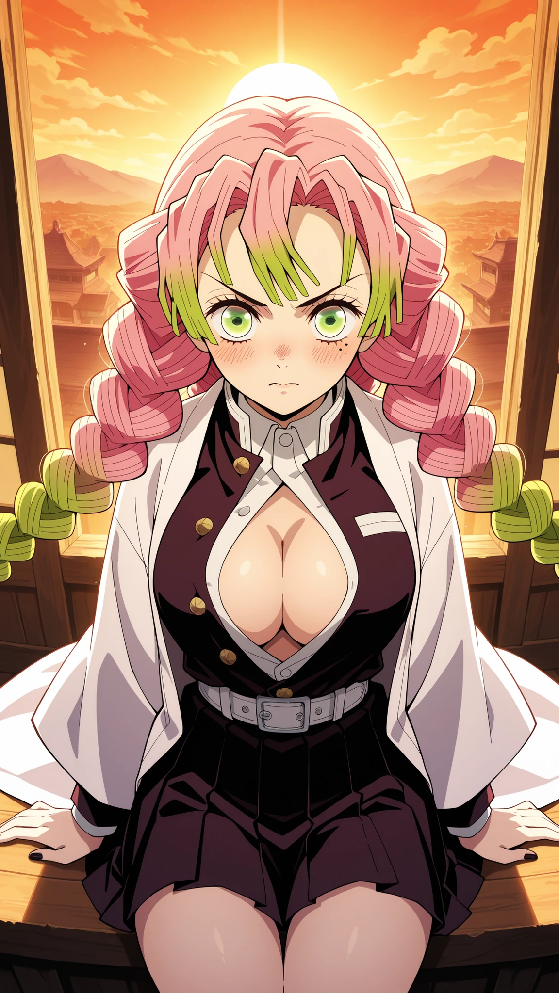 BREAK (masterpiece:1.2), best quality, high resolution, unity 8k wallpaper, (illustration:0.8), (beautiful detailed eyes:1.6),Anime-style view from the street, skyscrapers glowing in orange and purple sunset light. The sky burns with warm colors between tall buildings, windows reflecting the glow. Romantic and calm atmosphere, cinematic wide-angle, highly detailed illustration,no people,blush, seductive expression, mitsuri kanroji, braid, gradient hair, green eyes, green hair, long hair, mole, mole under eye, multicolored hair, pink hair, twin braids, two-tone hair,belt, black skirt, cleavage, coat, demon slayer uniform, haori, japanese clothes, long sleeves, miniskirt, partially unbuttoned, pleated skirt, skirt, uniform,cowboy shot,looking at viewer,floating hair,black nails,sitting sensually, suggestive posture, leaning back with hands behind,soft expression, intimate atmosphere, warm lighting, ultra detailed, 4k,serious face,from above