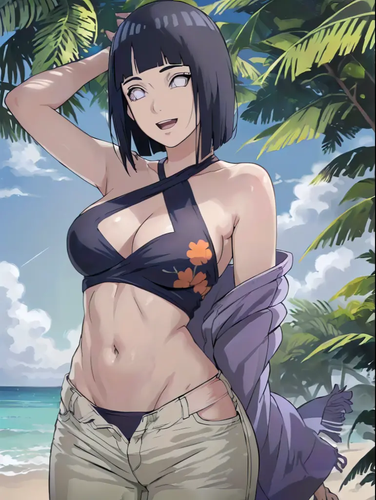 (masterpiece, 8k, anime style:1.9, bold drawing lines, plain, butterfly pose, ???? body, ???????????, ?????????????, rough shadows, taking off shirt, ???? shoulders, sand on body, polished nails, seductive, white micro ??????, ????????, showing off), hinata\(boruto\), mature female, laying on beach, sunbathing, milf, (curvy:0.8), solo, short hair, hime cut, (dark blue hair color:1.1), white, flat belly, perfect eyes, anime eyes, smoky eyeliner, eyeshadow, perfect face, shy, sharp focus, professional artwork, intricate details, colorful, vibrant colors, vivid colors, digital blending, ultra detailed body, ultra detail hair, ultra detail face, trending on pixiv, kind smile, happy, very hot colors, sunrays, beaten, holding armpit