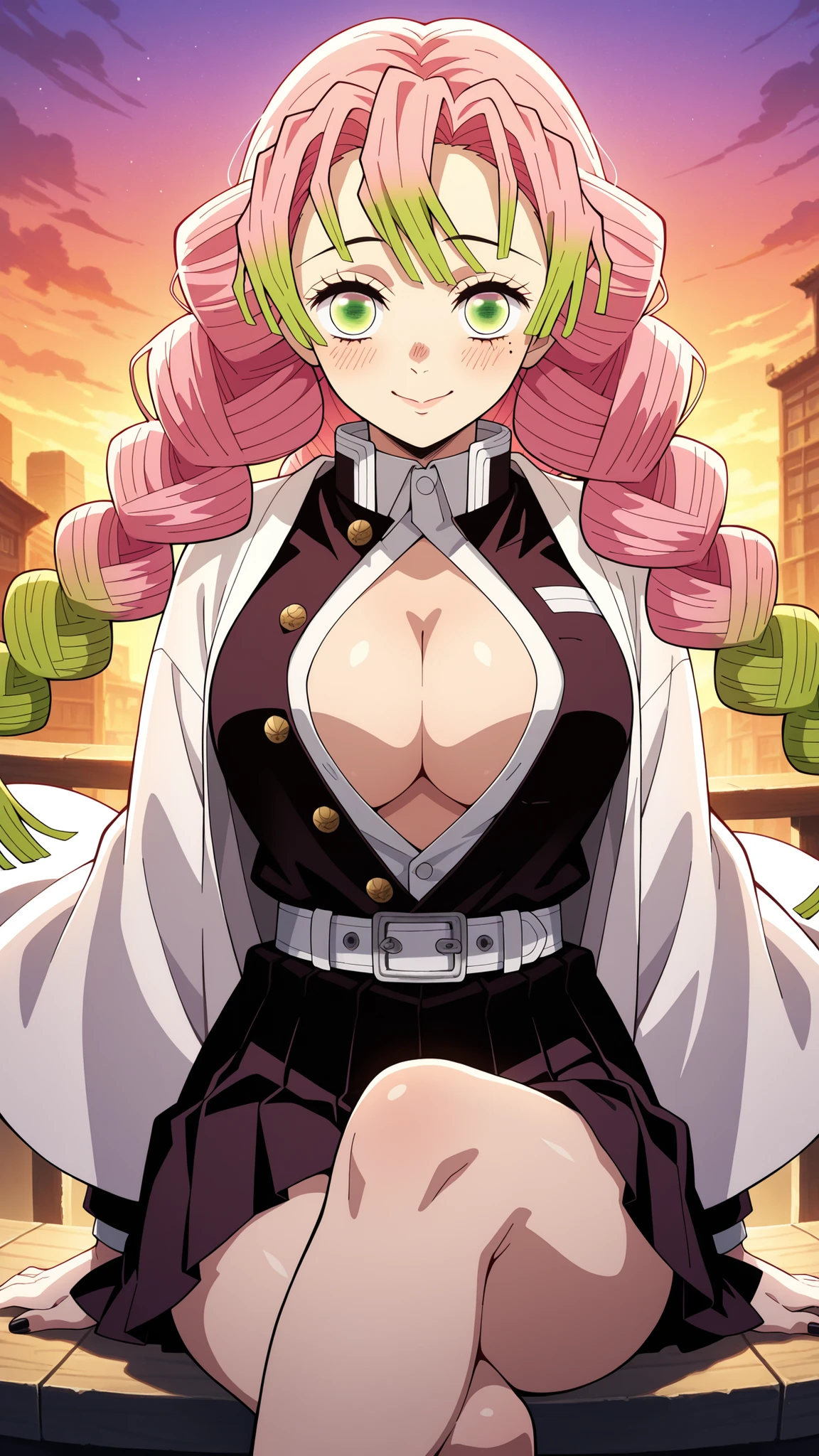 BREAK (masterpiece:1.2), best quality, high resolution, unity 8k wallpaper, (illustration:0.8), (beautiful detailed eyes:1.6),Anime-style view from the street, skyscrapers glowing in orange and purple sunset light. The sky burns with warm colors between tall buildings, windows reflecting the glow. Romantic and calm atmosphere, cinematic wide-angle, highly detailed illustration,no people,blush, seductive expression, mitsuri kanroji, braid, gradient hair, green eyes, green hair, long hair, mole, mole under eye, multicolored hair, pink hair, twin braids, two-tone hair,belt, black skirt, cleavage, coat, demon slayer uniform, haori, japanese clothes, long sleeves, miniskirt, partially unbuttoned, pleated skirt, skirt, uniform,cowboy shot,looking at viewer,floating hair,black nails,sitting gracefully, seductive pose, crossed legs, slightly arched back, soft gaze, smooth lighting, high detail, 4k illustration,from below