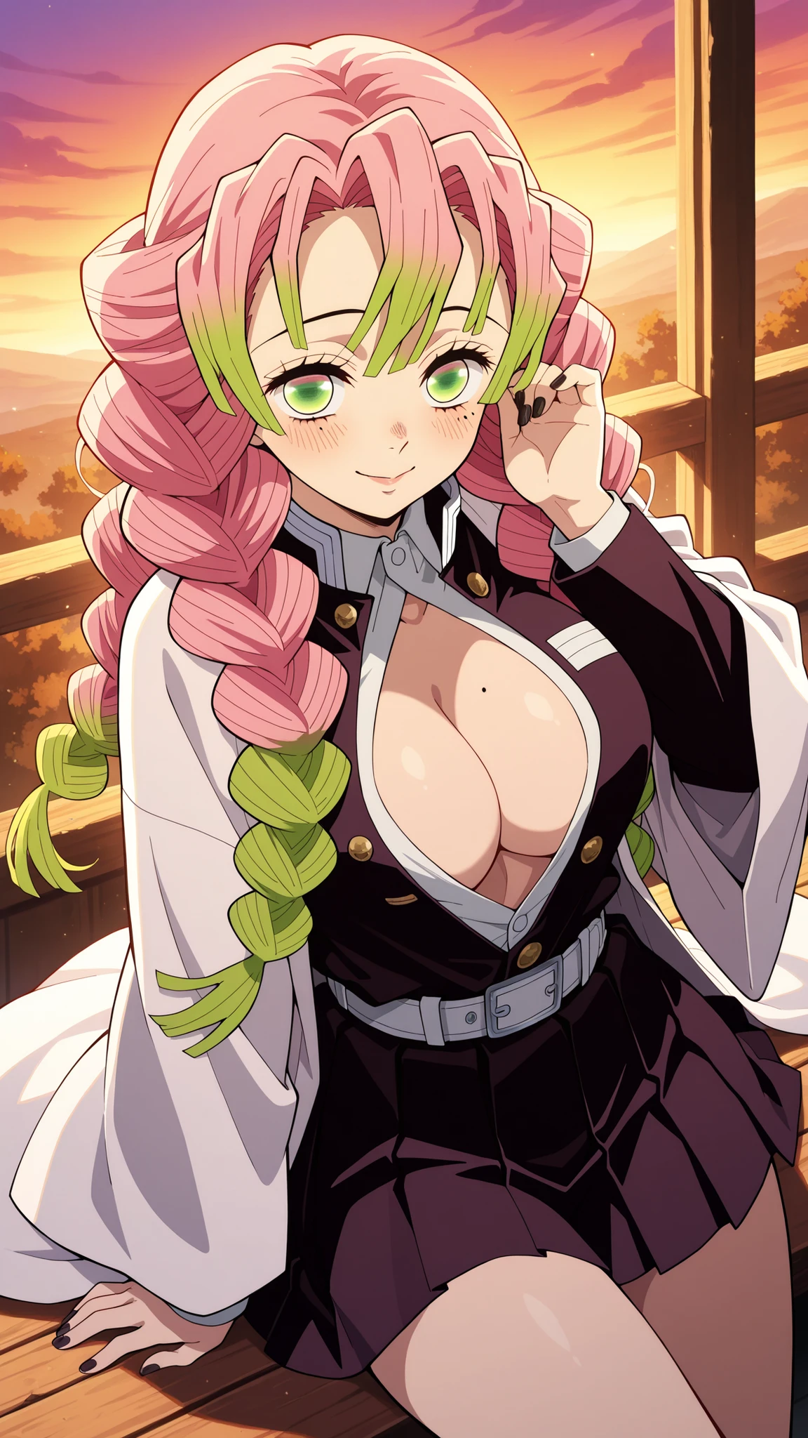 BREAK (masterpiece:1.2), best quality, high resolution, unity 8k wallpaper, (illustration:0.8), (beautiful detailed eyes:1.6),Anime-style view from the street, skyscrapers glowing in orange and purple sunset light. The sky burns with warm colors between tall buildings, windows reflecting the glow. Romantic and calm atmosphere, cinematic wide-angle, highly detailed illustration,no people,blush, seductive expression, mitsuri kanroji, braid, gradient hair, green eyes, green hair, long hair, mole, mole under eye, multicolored hair, pink hair, twin braids, two-tone hair,belt, black skirt, cleavage, coat, demon slayer uniform, haori, japanese clothes, long sleeves, miniskirt, partially unbuttoned, pleated skirt, skirt, uniform,cowboy shot,looking at viewer,floating hair,black nails,lying on bench,lying on her stomach, hips slightly raised, arched back, seductive look over shoulder, smooth skin,soft warm light, intimate atmosphere, ultra detailed, 4k,from above