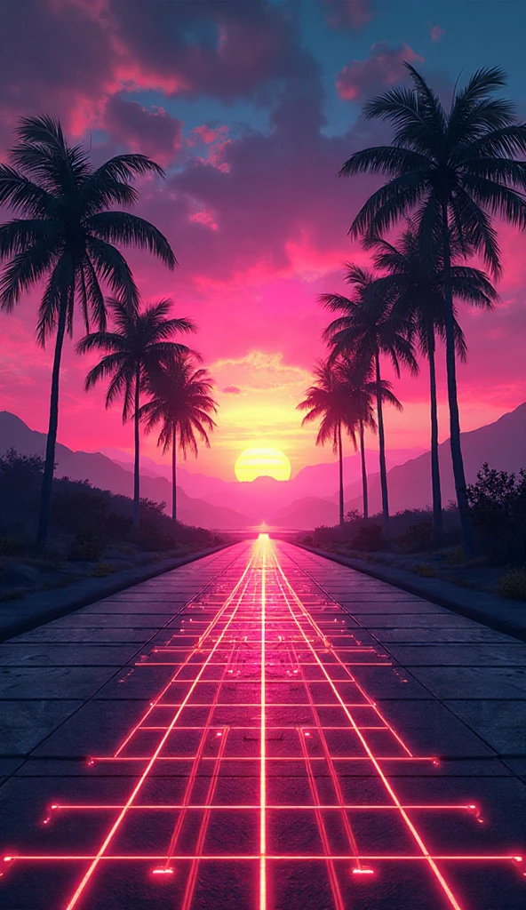 Create a party poster which has palm tree in the whole background with LED lights in rectangular form around it on planet mars and have exciting teenagers in a dark shade dancing and some relaxing on tree branches smoking and others as couples in the mix of dancing people 
