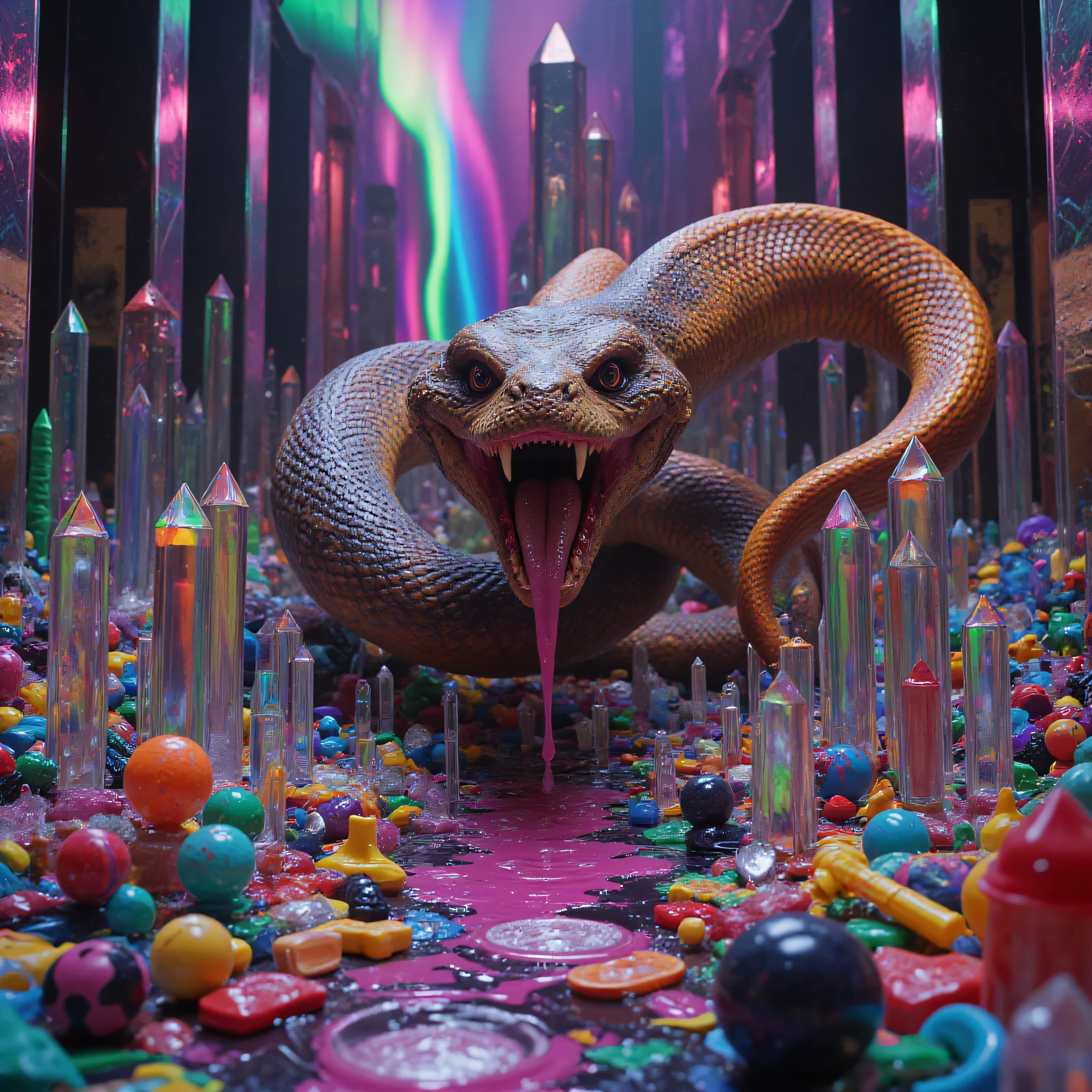 A monstrous entity with the head of a vicious demon combined with a king cobra, snarls and growls while saliva drips off its pointed teeth. Its body is serpentine and very thick and long. Photorealistic, UHD, realistic, portrait photography, cinematic portrait, attention to details of the facial features, textured snake skin, textured dog's head, and hair. Extreme detail on the eyes and teeth. Heavy saliva/drool. Intricate and intense Aurora Borealis, a colorful atmospheric phenomenon going on in the background. A hybrid creature with a demonic looking head seamlessly blending into a massive serpentine body, captured in stunning photorealistic detail, drama, intricate reptilian scales, powerful coils, piercing gaze, bared fangs, dramatic lighting, cinematic composition, dark moody atmosphere, dystopian sci-fi environment, 8k, highly detailed, photorealistic, professional, physically-based rendering, unreal engine, dramatic lighting, dark colors, moody colors. Realistic, Photorealistic, 3D,  Ultra-realistic,  ultra-detailed, 8k, high-res, physically-based rendering, 3D realism. There are hundreds of quartz crystal formations pointing up and out. Be sure that they are partially translucent and radiate color in the bright full sunlight. There are hundreds of giant quartz crystals, Awesome Site! 8K Octane, Action Painting, Cinematic, Cinematography, Conceptual Art, Fujicolor,  Portrait Photography, Surrealism, Unreal Engine, shine and gloss on the crystals, Cinematic Lighting, Glowing Light, Reflection Light, ethereal, dream-like atmosphere, Ultra realistic, UHD, Super Detailed, Best Quality,  Award Winning, Masterpiece, Ultra-realistic, photo-realistic, ultra-detailed, 8k, high-res, physically-based rendering, 3D realism.   In hues of Pink, Red, Orange, Yellow, green, Cinematic Lighting, Glowing Light, Reflection Light, ethereal, dream-like atmosphere, Ultra realistic, UHD, Super Detailed, Best Quality, Piled up Plastic toys, squirt guns, tricycles, dolls, action figures, ball bats, frisbees, yo yos and many other toys in all different vibrant colors melted with incredible heat, as the different colors move down towards the viewer and run together they come in contact with acid and bubble ferociously, then coming closer to the viewer the run together colors jump off the surface they are on and are coming right at the viewer's eyes as the image is captured in stunning 3D, macro photography, perspective from above,3D Rendering, 8K Octane, Action Painting, Artistic, Cinematic,  Hyperrealism, Photorealistic, Realism, Depth Of Field, Symmetry, Vanishing Point, 3D Isometric, In a room with mirrors for walls, glass is morphing from colors inside of intricate rainbow patterns, perfectly formed symmetrical spheres and glowing reflective portals are everywhere melting into fizzy neon patterns carpeting the ground. Attention to detail on the color twisted in and out of translucent orbs, spilled paint and spirals of swirling color in the background, beautiful psychedelic digital art,  neon colors, 4d mandelbulb psychedelics, glass-like psychedelic landscape, intricately carved out environment, psychedelic underwater brightness, trails of color and light, bright fluorescent colors, very bright vibrant colors, neon colors, colorful paint drips out of the portals then gets tucked back in to whirlpooling vortexes.  3D colors melting into each other spilling out into hallucination-inducing, startling, stunning images, awe-inspiringly, best quality wallpaper,   UHD, high details, high quality, super detailed, best quality, award-winning, masterpiece