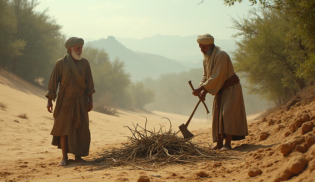 Create a realistic image of an old ancient Israeli man in a white robe with a staff in his hand in the village of ancient Israel with men and women in white robes of his realistic