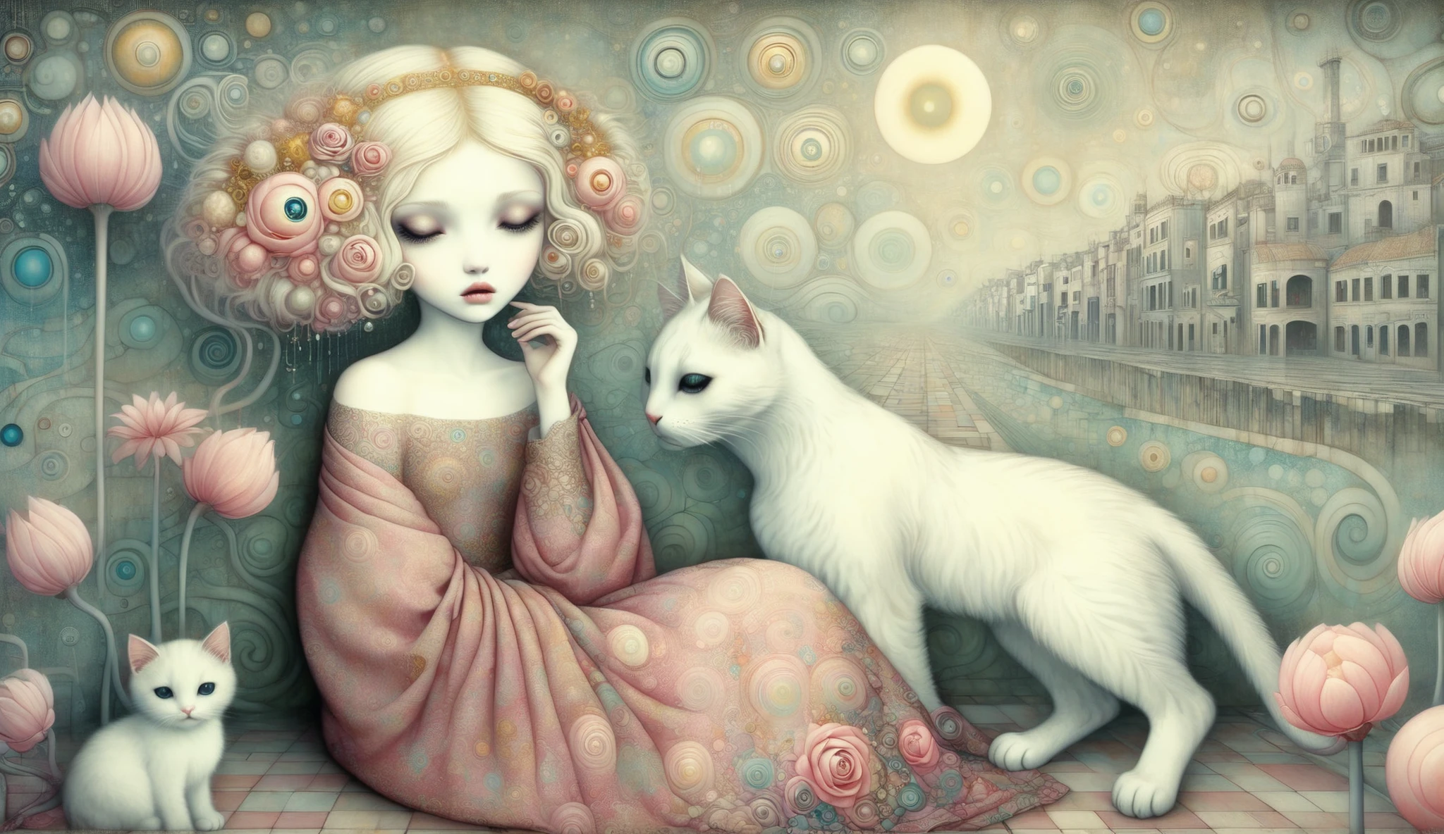 Surreal fantasy,  detailed, intricate, with patterns, texturized, dreamy and fantastical mood, a sad girl sitting huging her legs, a tear in her eye, a kitty in her shoulder  by  Nicoletta Ceccoli