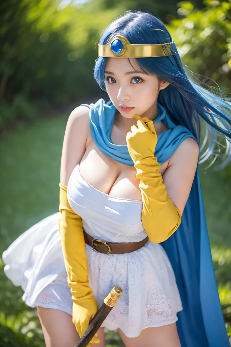 masterpiece、1 beautiful girl、fine eyes、Smile、puffy eyes、highest quality, 超High resolution, (reality: 1.4), movie lighting、Japanese、asian beauty、Korean、super beautiful、beautiful skin、body facing forward、close up of face、upper body close-up,(超reality的な)、(High resolution)、(8k)、(very detailed)、(美しくfine eyes)、(Super detailed)、 (wall-)、detailed face、bright lighting、professional lighting、looking at the viewer、look straight ahead、slanted bangs、Bright light blue hair、Nogizaka Idol、20-year-old､masterpiece, highest quality, Super detailed, shape, sage_(DQ3),long hair, blue hair, circlet, red eyes,small ???????, yellow gloves, white dress, belt, cape, boots,