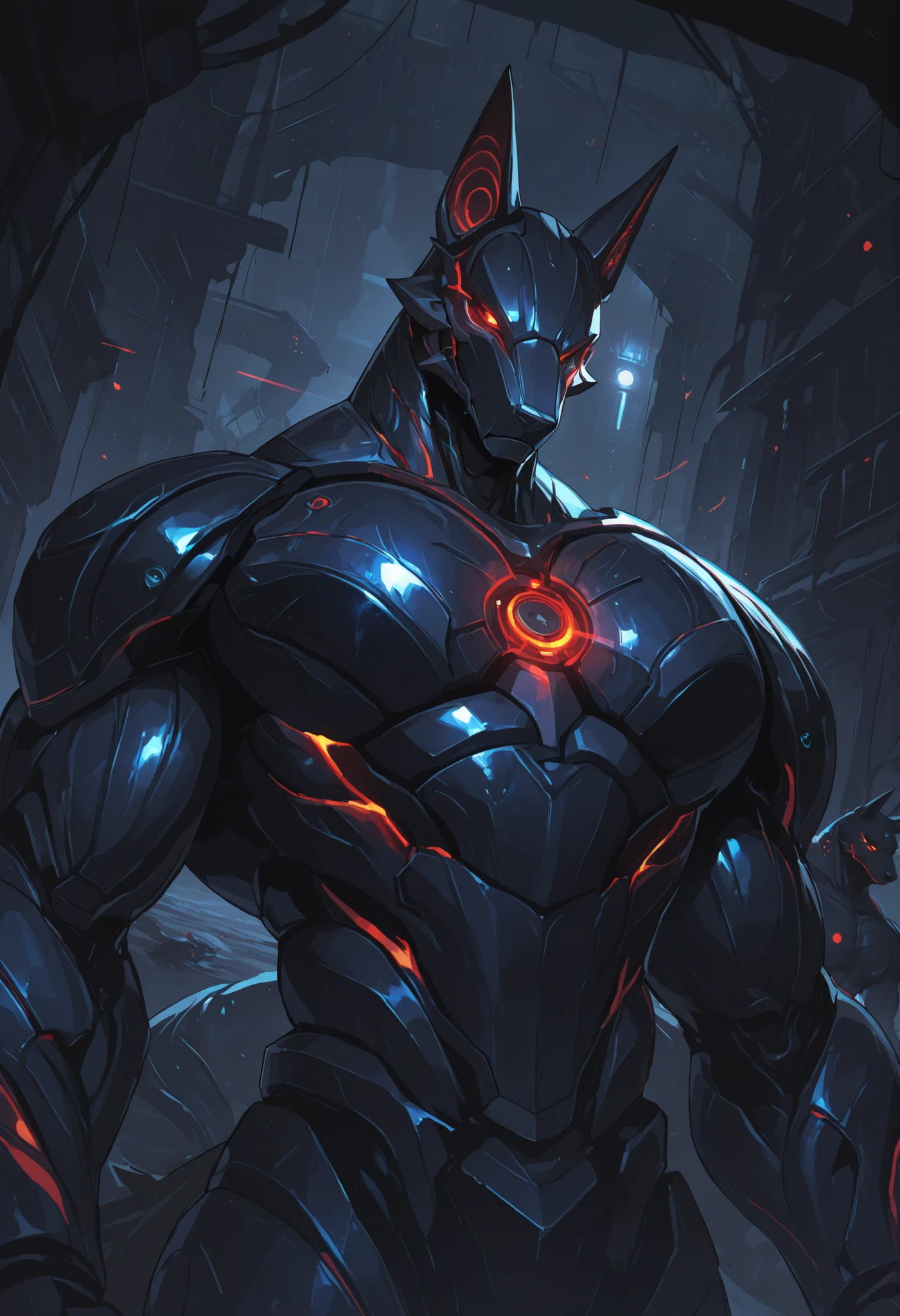 score_9, score_8_up, score_7_up, score_6_up, score_5_up, score_4_up, gigerworld, anthro jackal, heavy armor under the jacket, bulky, wide chest, monstrous
cybrog, anthro, jackal, male, Muscle, Delicate face, Delicate eyes, 1 big tail, (glowing LED), rubber goo body, evil looking, crimson glowing eyes, black steel scales, black and evil armor, futuristic evil armor, heavy armor, snout-cover armored mask, faceless head, balanced physique, muscle-shaped armor, war machine, muscular physique, thick arms and legs, claws, warframe, cyborg,
hands behind the back, levitating, advanced and stylish design, dutch angle, portrait, upper body focus, minute details, detailed background, newest, debris, ruins, underground laboratory, extremely detailed CG unity 8k wallpaper, realistic, masterpiece, highest quality, realistic, masterpiece, highest quality, lens flare, unreal engine, trending on ArtStation, Intricate, High Detail, dramatic, realism, beautiful and detailed lighting, shadows