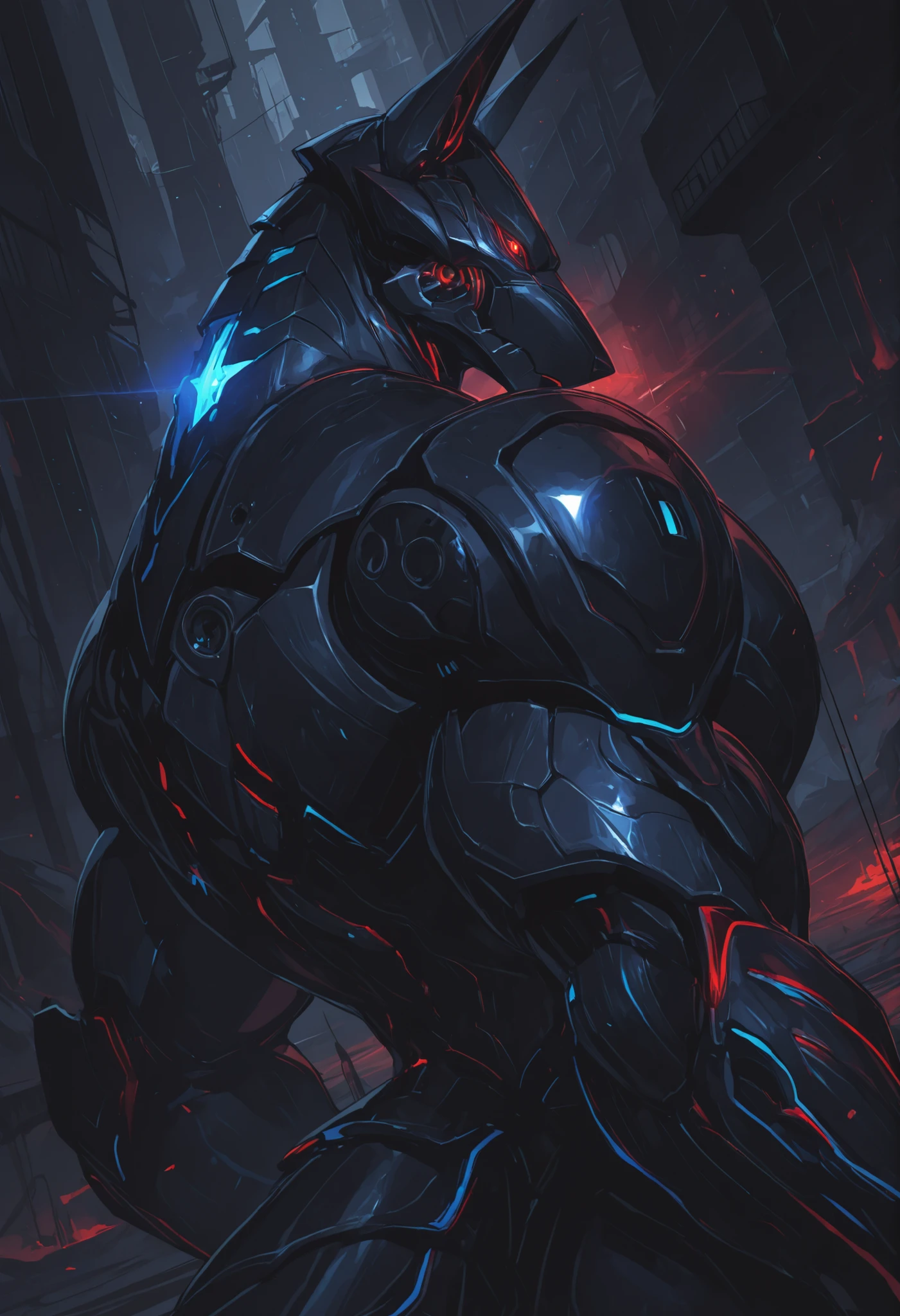 score_9, score_8_up, score_7_up, score_6_up, score_5_up, score_4_up, gigerworld, anthro jackal, heavy armor under the jacket, bulky, wide chest, monstrous
cybrog, anthro, jackal, male, Muscle, Delicate face, Delicate eyes, 1 big tail, (glowing LED), rubber goo body, evil looking, crimson glowing eyes, black steel scales, black and evil armor, futuristic evil armor, heavy armor, snout-cover armored mask, faceless head, balanced physique, muscle-shaped armor, war machine, muscular physique, thick arms and legs, claws, warframe, cyborg,
hands behind the back, levitating, advanced and stylish design, dutch angle, portrait, upper body focus, minute details, detailed background, newest, debris, ruins, underground laboratory, extremely detailed CG unity 8k wallpaper, realistic, masterpiece, highest quality, realistic, masterpiece, highest quality, lens flare, unreal engine, trending on ArtStation, Intricate, High Detail, dramatic, realism, beautiful and detailed lighting, shadows