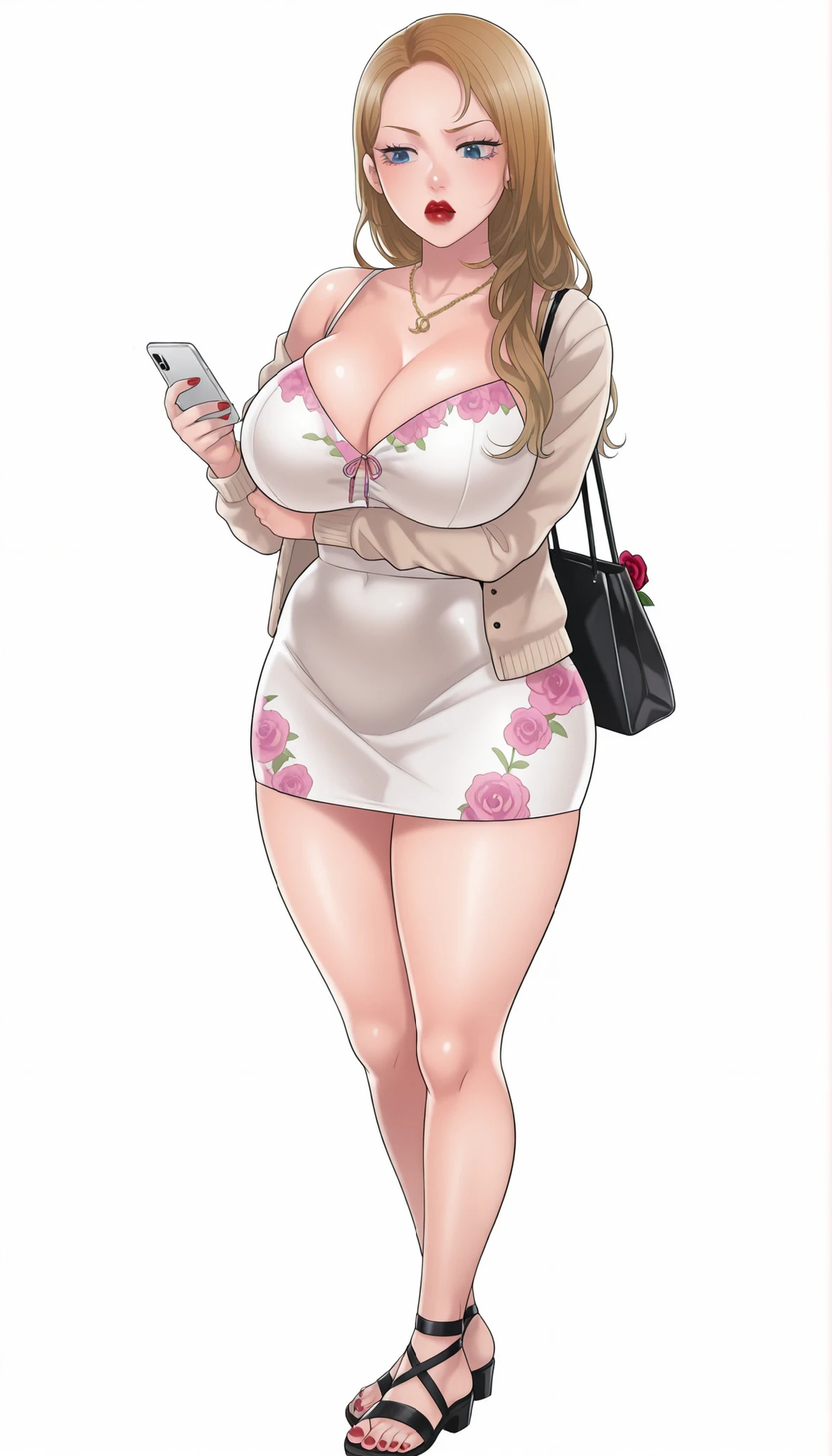 Yumi (New Town), a beautiful woman with long sleek glowy-blonde hair, big bright-blue eyes, bimbo plump round bright-red lips, red nails, extremely fair white glowy skin, a cinched small tight narrow waist, an hourglass figure, big breasts, a small tight cinched waist, and a sexy voluptuous-curvy body. She's wearing a revealing mini short tight white dress with pink floral patterns and spaghetti straps and a straight cleavage-neckline and threads, a separate front-open unbuttoned baggy beige cardigan worn in an off-shoulder style, one rose ornament on her hair, a gold necklace, bare legs, and strappy ankle tall black sandals. She's standing straight, carrying one strappy tote bag on one shoulder, arms crossed under her breasts, one hand holding one phone, plain expression, one eyebrow raised, and plain white empty background. Show her full body from head to sandals, proper middle-waist level view, SOLO, and super creative hyper-detailed.