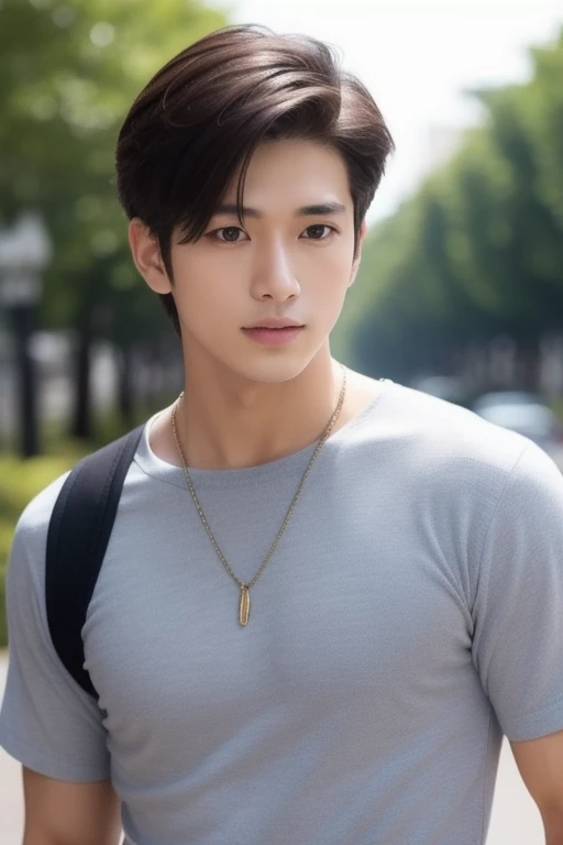 arafed asian man in white shirt posing for a picture, south korean male, yanjun chengt, jinyoung shin, hot with shining sun, wearing a low cut tanktop, korean muscle boy 2 1 years old, mid-shot of a hunky, cai xukun, kim doyoung, open v chest clothes, hong june hyung, handsome chad chin,A soft illustration bathed in twilight hues of cool blues and purples, creating an ethereal dreamland. The artwork, in the style of Guweiz, The romanticism art style emphasizes the tranquil beauty of this fantasy realm, inviting viewers into a world of wonder and mystique, all highlighted by a glowing, soft aesthetic,
((depth of field)),((open and vast place)),telephoto lens,(((close-up))),(chest focus),(((perspective from below))),(simple background),(simple color),((blurry)),(horizon),
 1boy,cool guy,peaceful,((floating short hair)),((((bangs)))),(((soft clean hair))),(((silky skin))) ,((smooth skin)) ,clean body,(clean face),((smooth face)),(natural pretty face),((adam's apple)),((looking up)),((solo)),(teenage),(wind),(chin up),(hopeful),
((skin tight )),(mini white shirt),((see-through)),
(narrow waist),slender waist,muscular,(broad shoulders),((huge wide chest)),(((huge plump chest))),((bursting chest)),(((huge muscle ))),(((hyper  pecs))),(bodybuilder),((beautiful cleavage)),