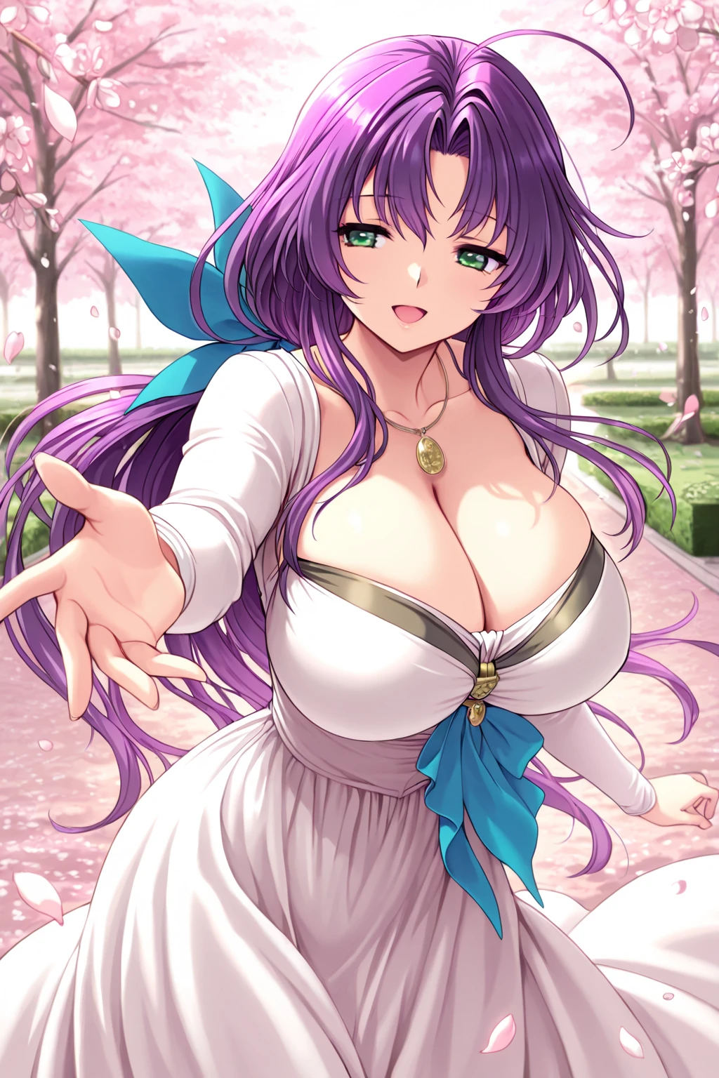 nsfw, (shoujo-style), (romance manhwa), ((floral background)), kuroume_1024, 1girl, solo, masterpiece, best quality, detailed face, face focus, smile, closed mouth, long eyelashes, mascara, very long hair, silver hair,, blue hair, looking at viewer, purple dress, white dress, puffy sleeves, breast, cleavage, (tiara), jewelry, earrings, necklace, (skirt lift:1.2), squatting, spread legs, high heels, lace trimmed panties, (shiny glossy skin:1.2), pussy squirt, pussy juice, cameltoe, thong, (flat drawing:-0.4), detailed eyes, pupil, milfication, mature female, milf, gigantic breasts