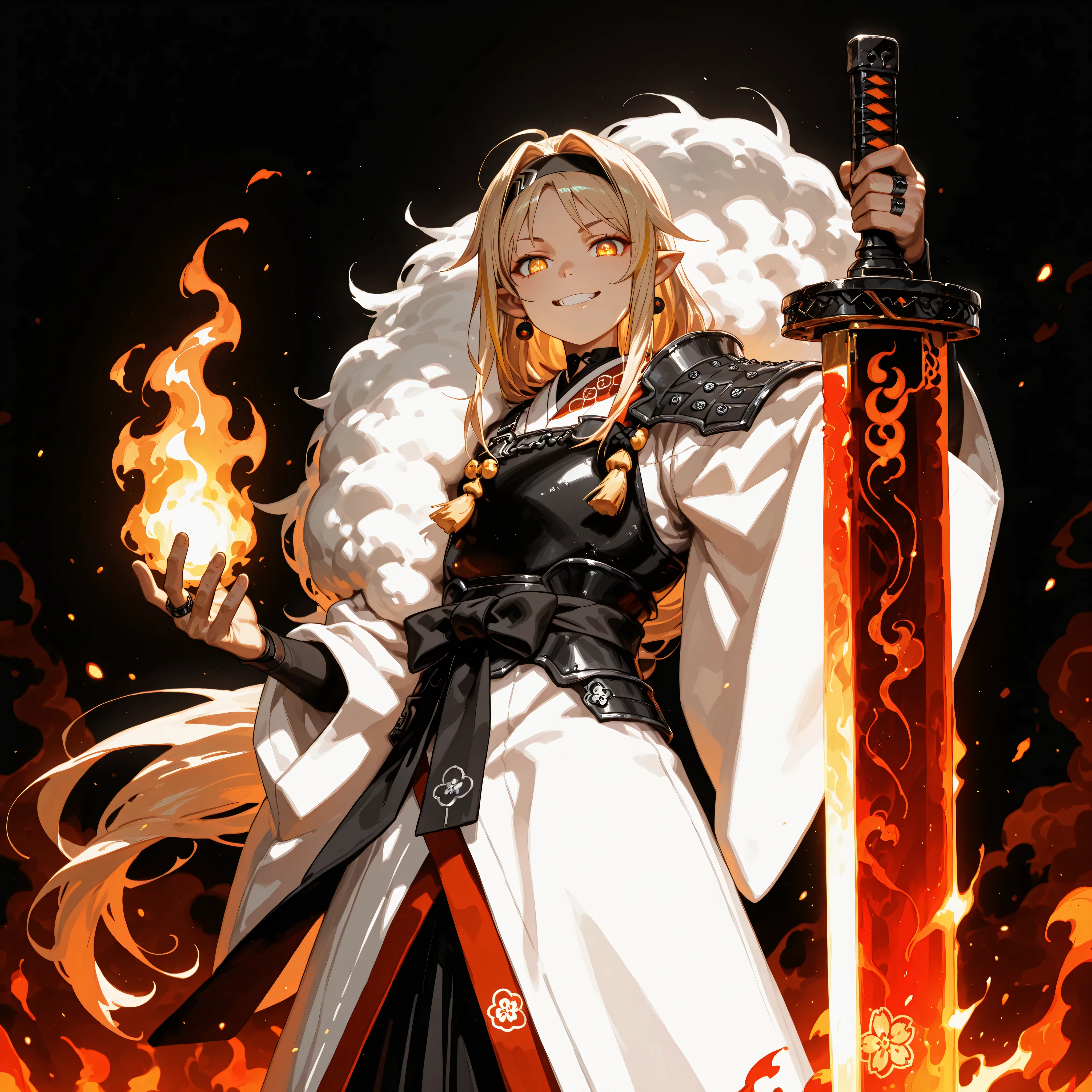 A short, solitary male character, a young teenager, about 1.5 meters tall. He stands alone against a deep black background, making him stand out vividly. His physique, face, and height are exactly like Lloyd de Saloum.
He has long blond hair, styled exactly like Alice Zuberg's from Sword Art Online, with a braid tied in the middle with a black ribbon before flowing freely. A black headband, identical to Alice Zuberg's, rests on his head. His golden eyes shine brightly. His expression is provocative and confident, marked by a bold, mocking smile. He has pointy ears and a golden monkey tail. Blonde hair. Blonde hair
Outfit:
He wears an ornate white Chinese robe. Draped over his right shoulder is a flowing golden fur cloak (like Sesshoumaru’s), soft and radiant like a divine cloud, falling almost to the ground along his back. The cloak is fastened with gold medals and chains that cross to his left shoulder. He has a golden pauldron on his left shoulder with the design of an oni face.
Weapon:
In his right hand, he firmly grips a gigantic Japanese greatsword with a golden blade and black details on the blade with three black rings attached to the blade. The guard and hilt of the greatsword are black and there is dark energy emanating from the blade.
In his left hand, he holds a golden flame with glowing points, radiating power. In his left hand, he holds a golden flame with glowing points, radiating power. In his left hand, he holds a golden flame with glowing
Pose and Atmosphere:
He assumes a bold, dynamic battle stance, facing the viewer directly with a playful yet arrogant look. His left hand conjures a golden sphere of energy streaked with glowing red sparks, radiating raw power.
Atmosphere and Style:
Male character, youthful energy.
Ultra-detailed, sharp, clean anime style. Deep black background with cinematic lighting accentuating his short stature and powerful aura. Golden jeweled earrings glimmer in the light.
The character is a boy. The character is male.