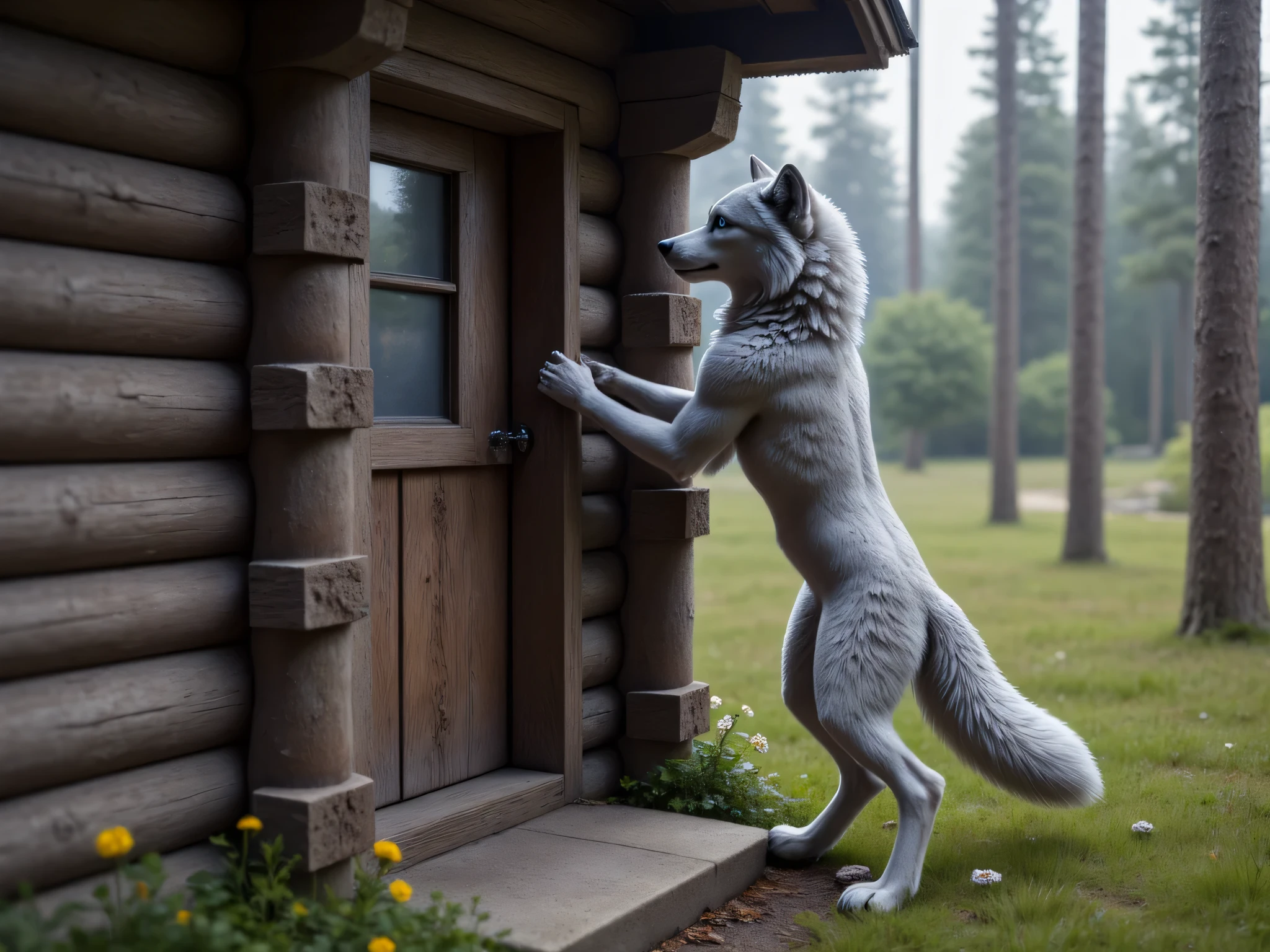 (masterpiece), best quality, 1wolf,  realistic, highly detailed, shallow depth of field, sharp focus, hyperrealism, cinematic lighting, photorealistic style, 8k solution, the gray wolf stands on its hind legs and knocks on the door of grandmas old log house in the middle of the forest, view from the side, 