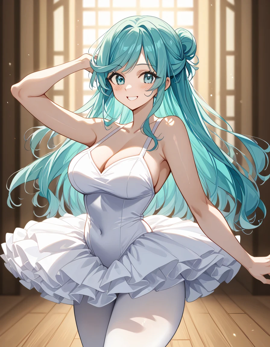 score 9 、score 8 up、score 7 up、傑作、best quality、best resolution、best image quality、anime coloring、anime screencap、anime screenshot、<lora:PokeBoyGrushaXL_Exotica:0.8>、1woman、grusha、solo、long hair、aqua eyes、blue hair、green hair、aqua hair、multicolored hair、hair bun、睫毛、half up hair、big breasts、cleavage、very large breasts、large boobs、long neck、collarbone、trapezius、deltoids、biceps、triceps、brachioradialis、flexible body、<lora:tutu-ponyxl-lora-nochekaiser:1>、tutu、ballerina、ballet、ballet leotard、white leotard、white ballet leotard、white tutu、white leotard dress、ballet slippers、single vertical stripe、high leg cut、white pantyhose、white leotard and white tutu with white pantyhose、indoors、stage、stage set、dancing、smile、blush、looking at viewer、cowboy shot、bare shoulders、bare arms、