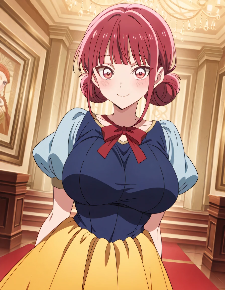 傑作、best quality、best resolution、best image quality、amazing quality、 very aesthetic、 absurdres、anime coloring、anime screencap、anime screenshot、1girl、<lora:hina-chouno-alpha-ponyxl-lora-nochekaiser:1>、hina chouno、short hair、pink hair、pink eyes、bangs、blunt bangs、sidelocks、hair bun、double hair bun、covered breasts、big breasts、covered boobs、large boobs、mature girl、<lora:snow-white-cosplay-illustriousxl-lora-nochekaiser:1>、snow white cosplay、snow white (disney) (cosplay)、cosplay、dress、red hair bow、puff and slash sleeves、puffy short sleeves、puffy sleeves、red bow、light blue short sleeves、yellow skirt、dark blue dress、stage、stage set、standing、indoors、smile、blush、looking at viewer、cowboy shot、dutch angle、